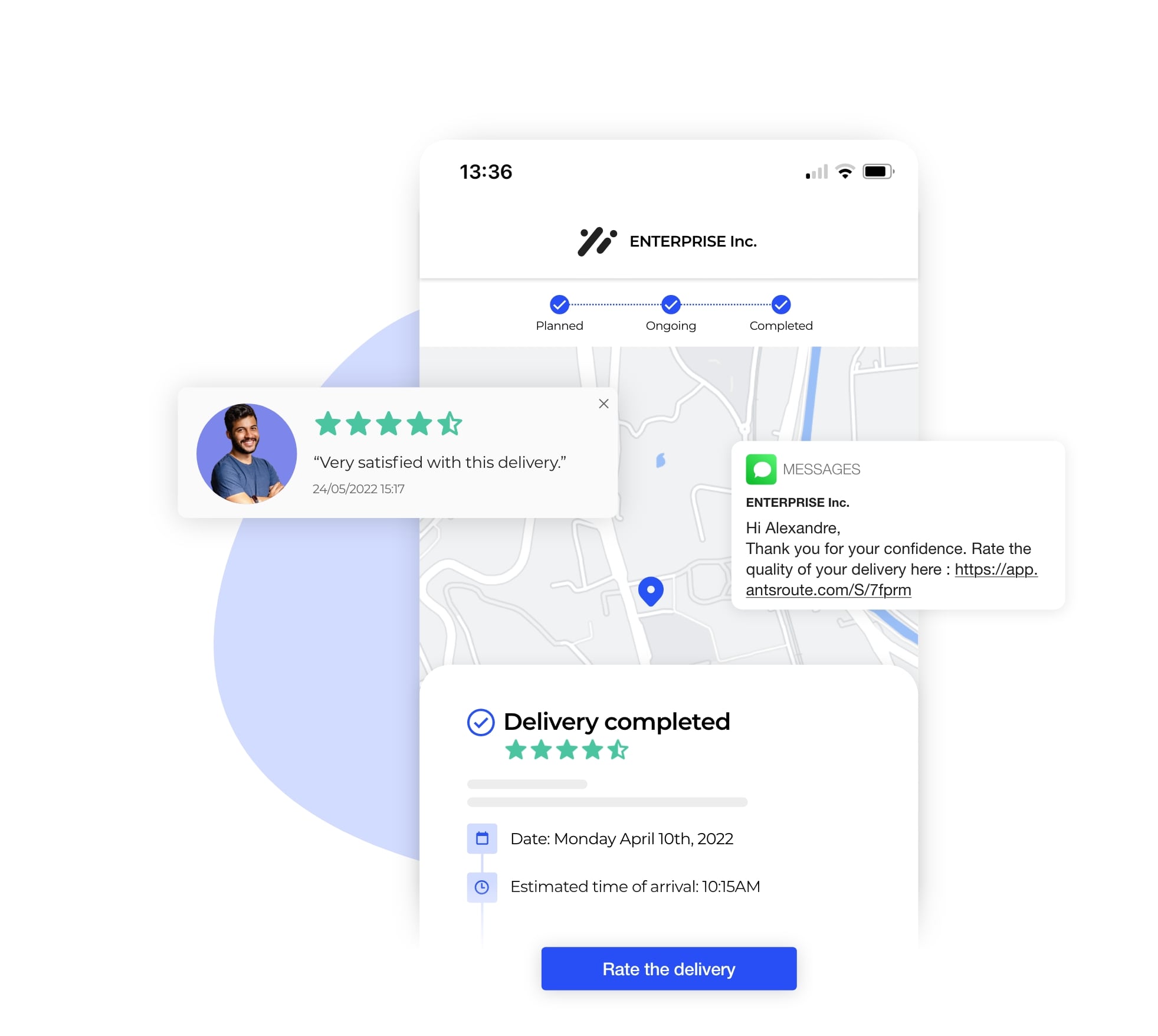 The AntsRoute interface showing the rating of the quality of the delivery service.