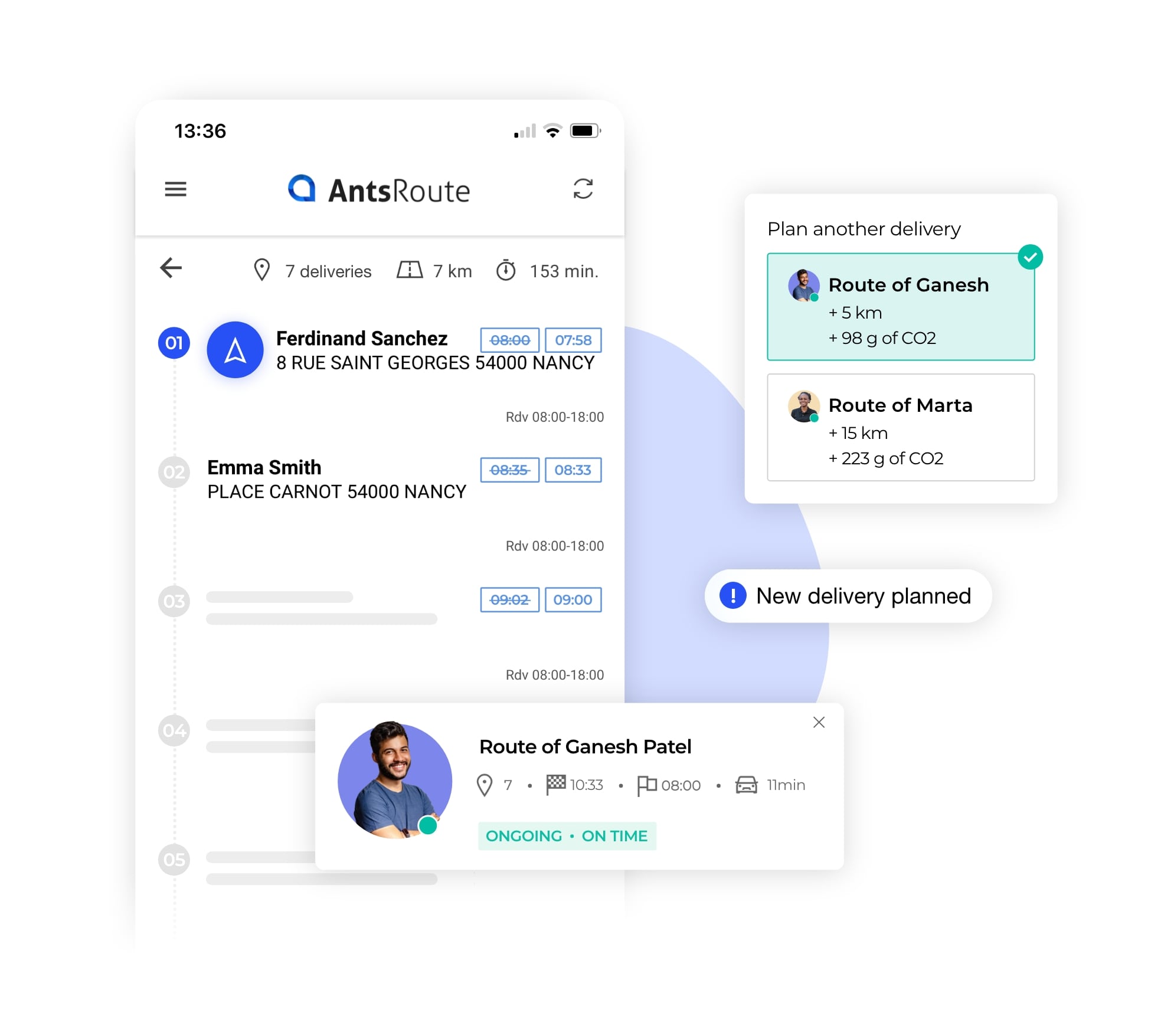 The AntsRoute interface showing how to add a last-minute task while respecting the time of arrival planned.
