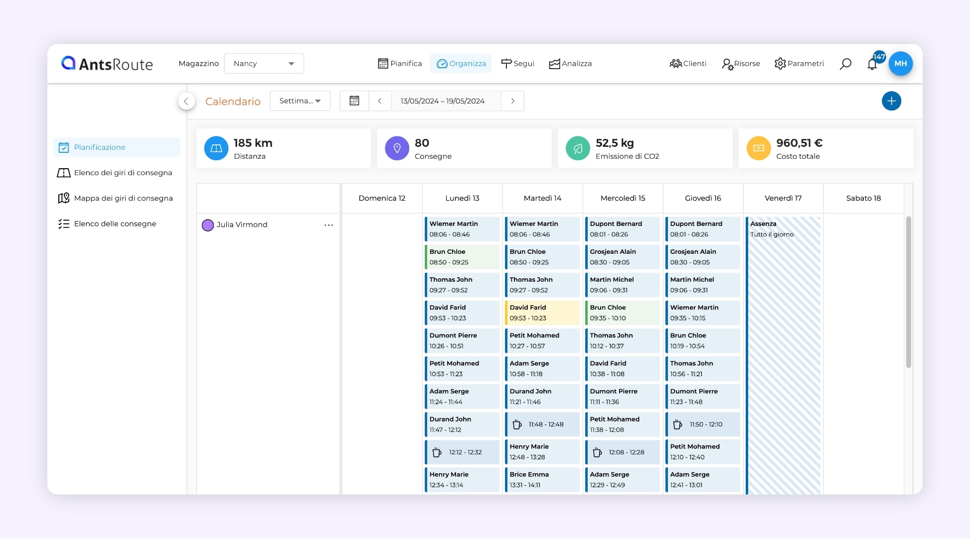 Dashboard del programma di consegna settimanale su AntsRoute.