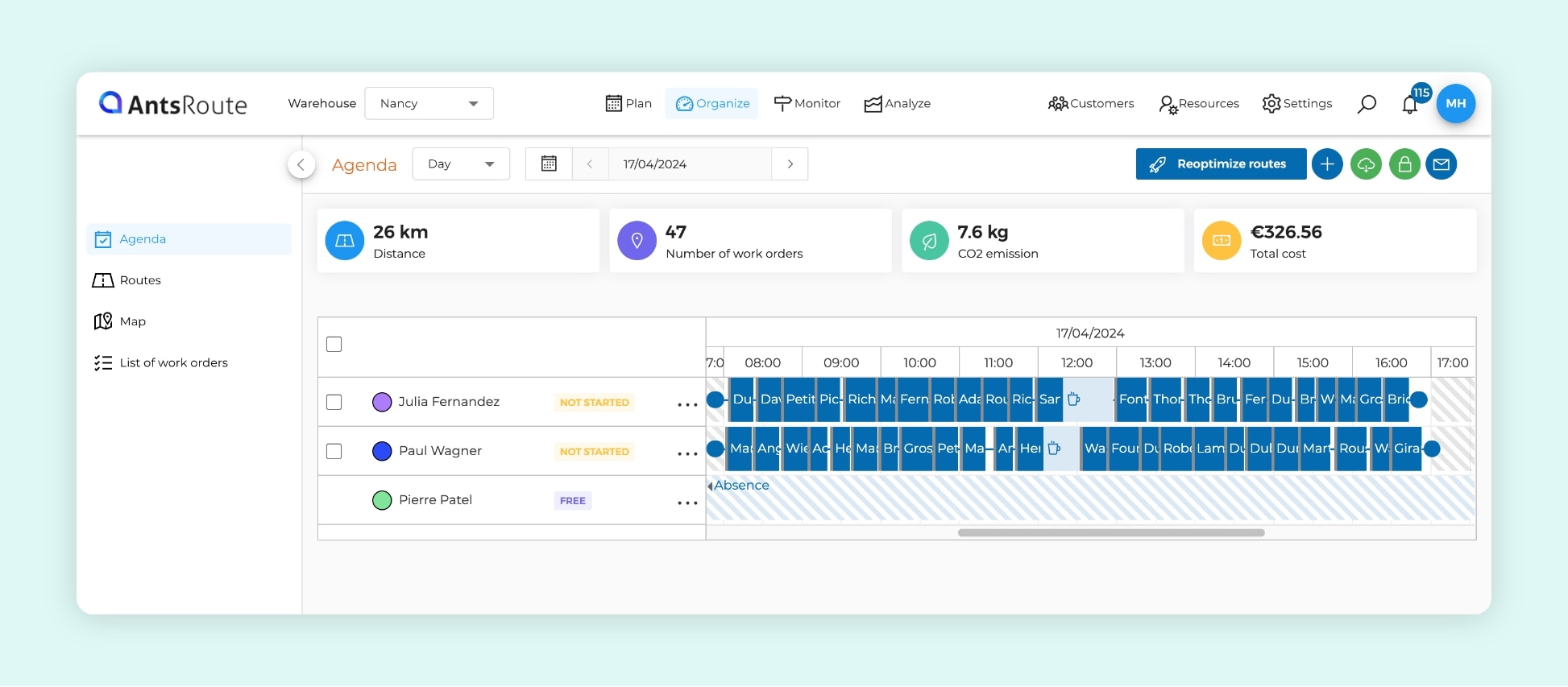 The AntsRoute interface showing the daily schedule of two technicians.