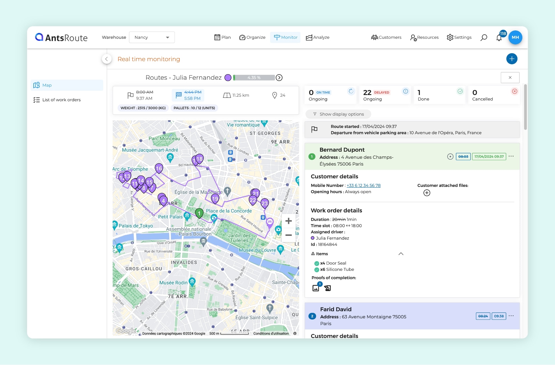 The AntsRoute interface showing real-time tracking of a technician's work in progress.