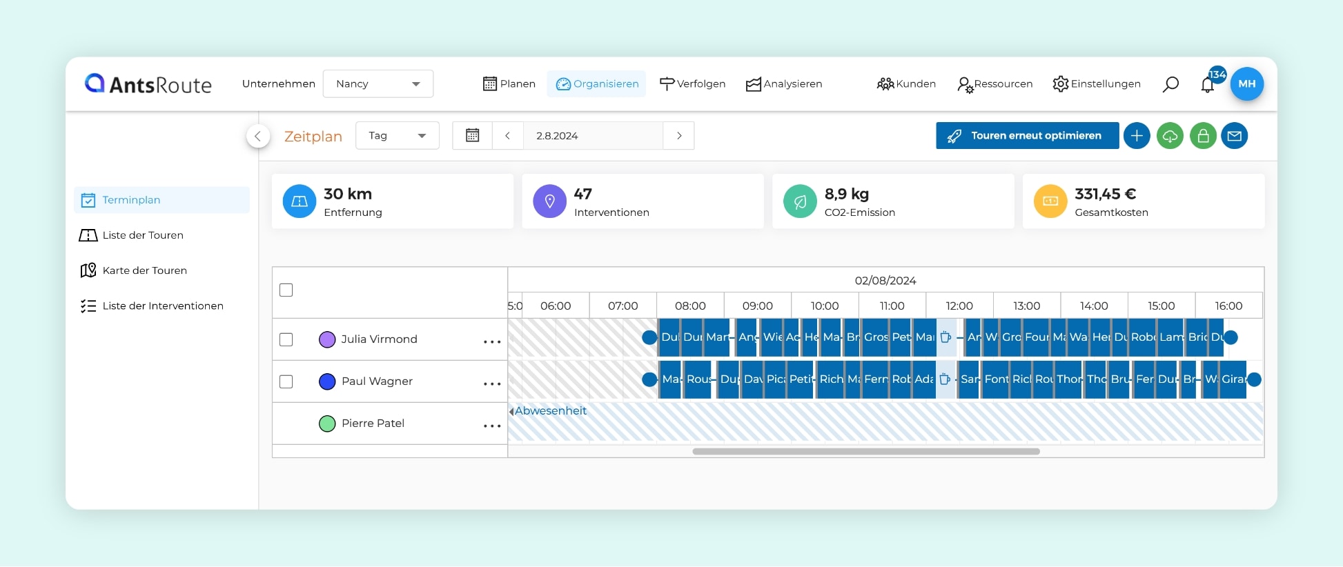 Die AntsRoute-Schnittstelle, die den Tagesplan von zwei Technikern zeigt.