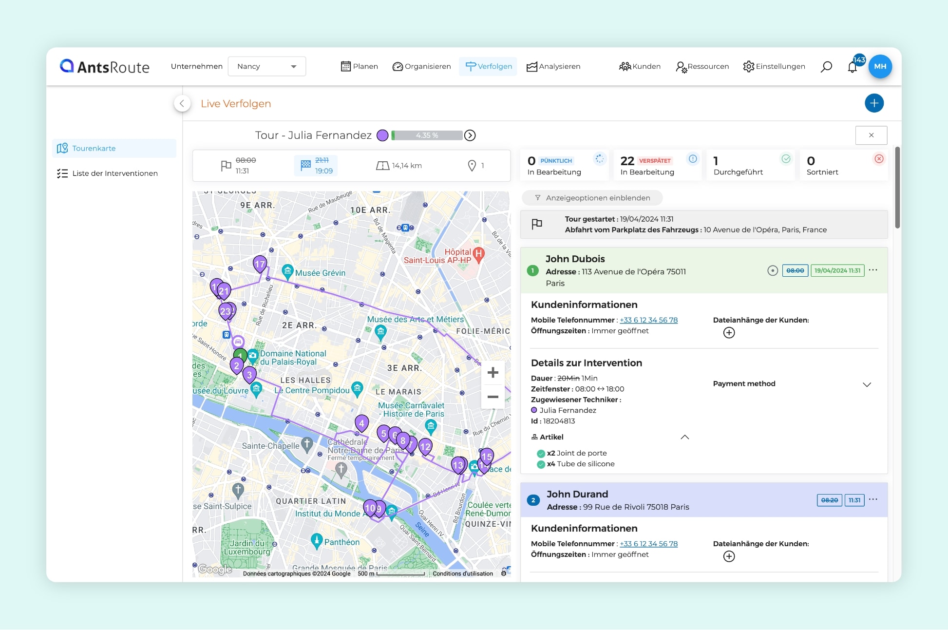 Die Verfolgung einer laufenden Einsatztour auf AntsRoute.