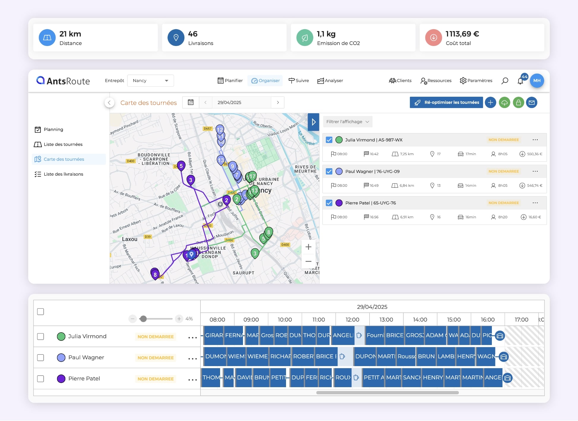 L'interface AntsRoute montrant l'optimisation des itinéraires de livraison du dernier kilomètre.