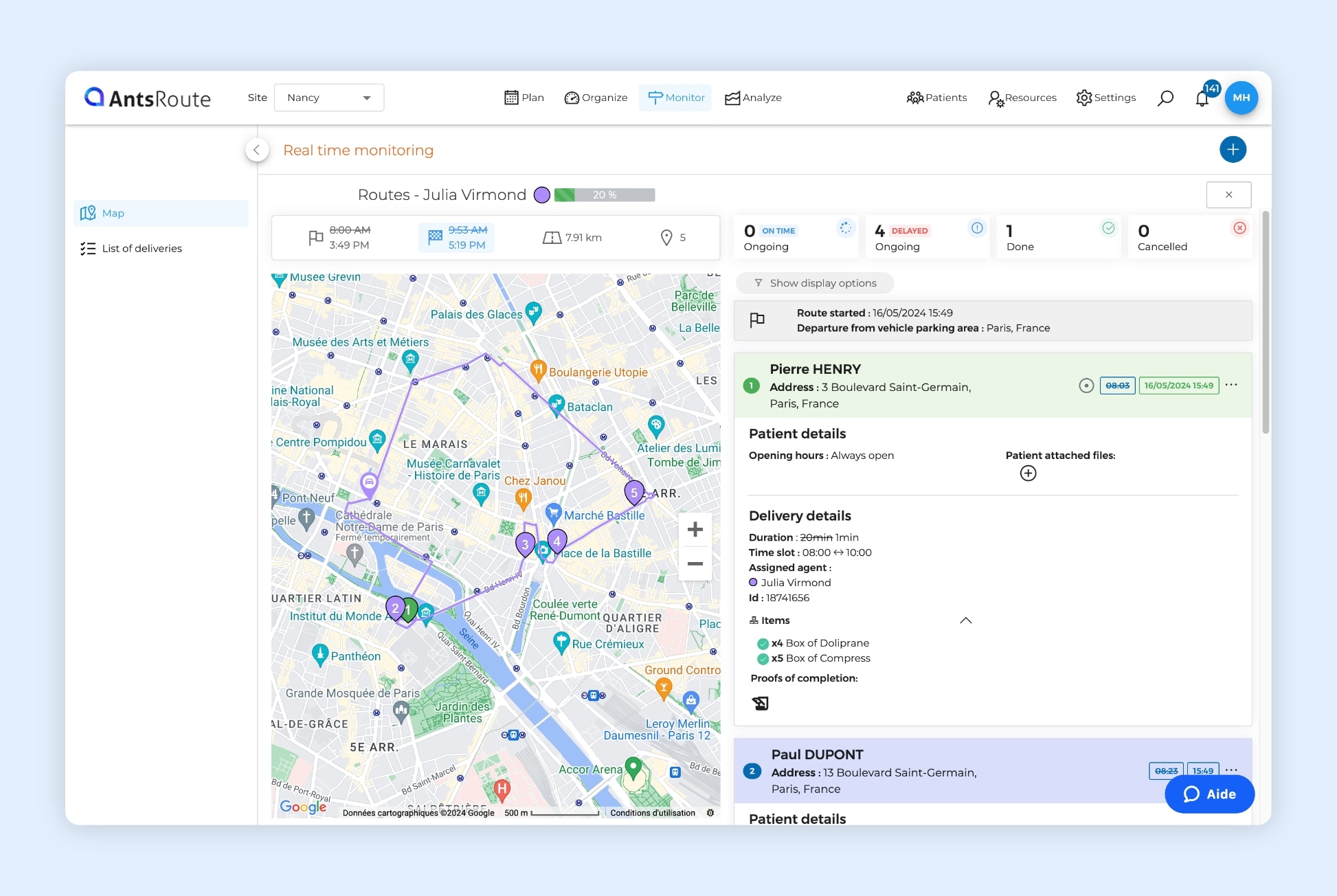 The AntsRoute interface showing the tracking of a delivery route.