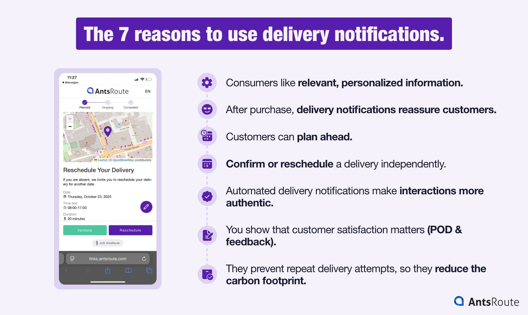Diagram showing a list of 7 reasons to use delivery notifications.