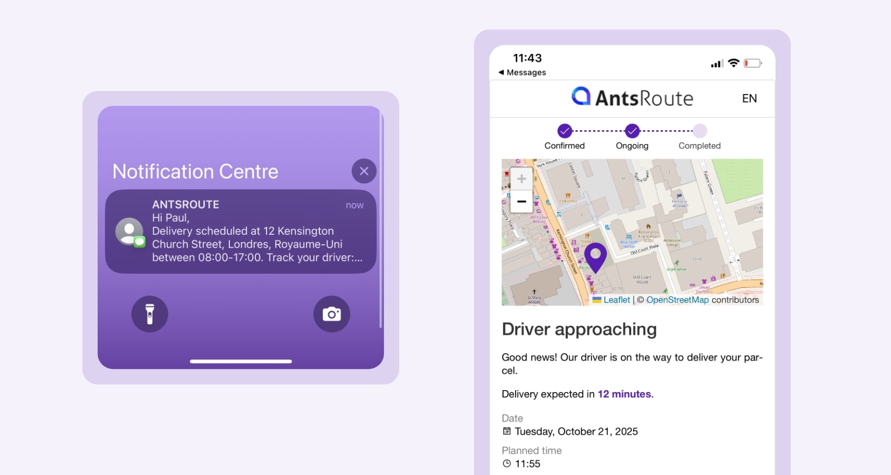 Template for a delivery notification indicating the driver is approaching, sent via AntsRoute.