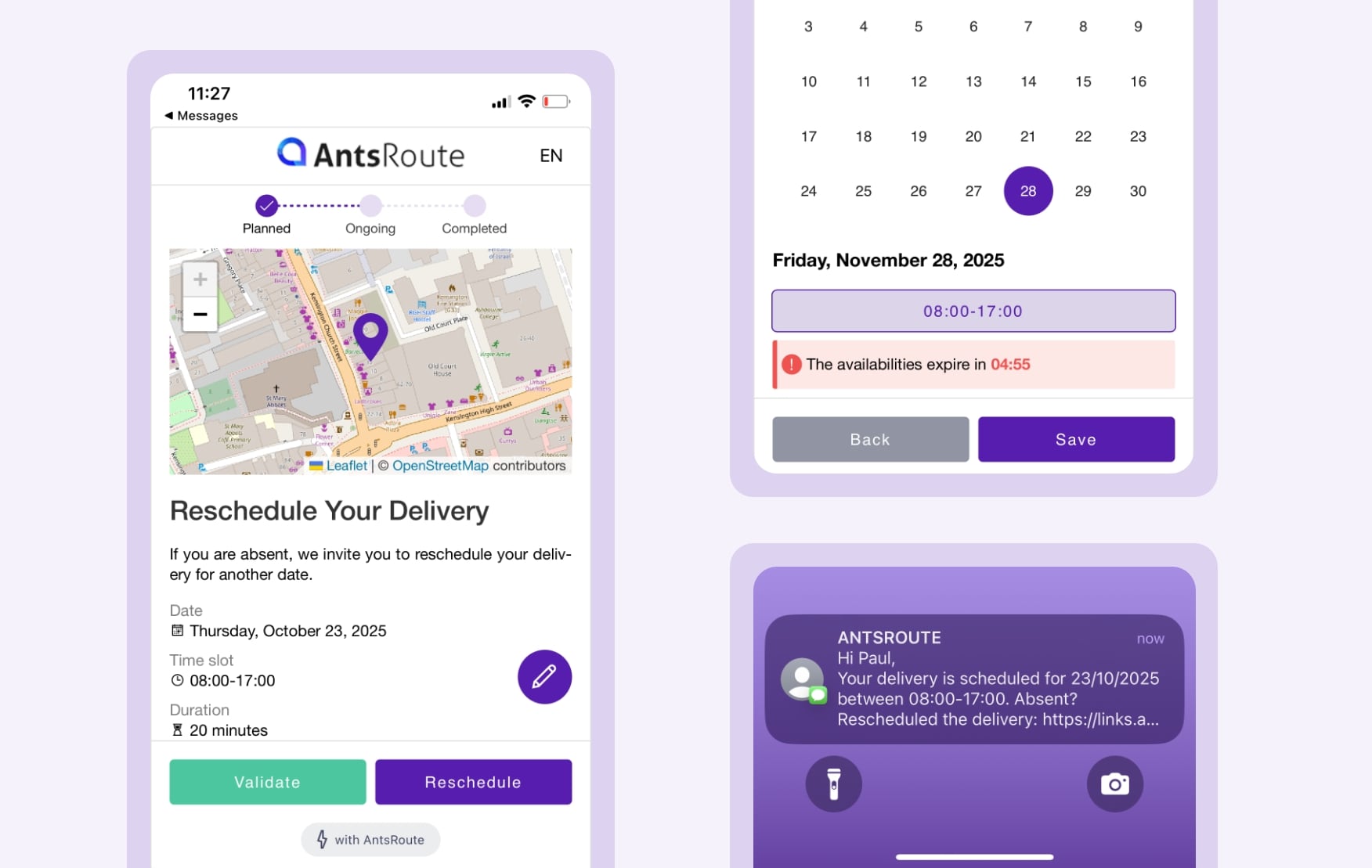 Template for a delivery notification sent via AntsRoute with a link for the customer to confirm or reschedule their delivery.