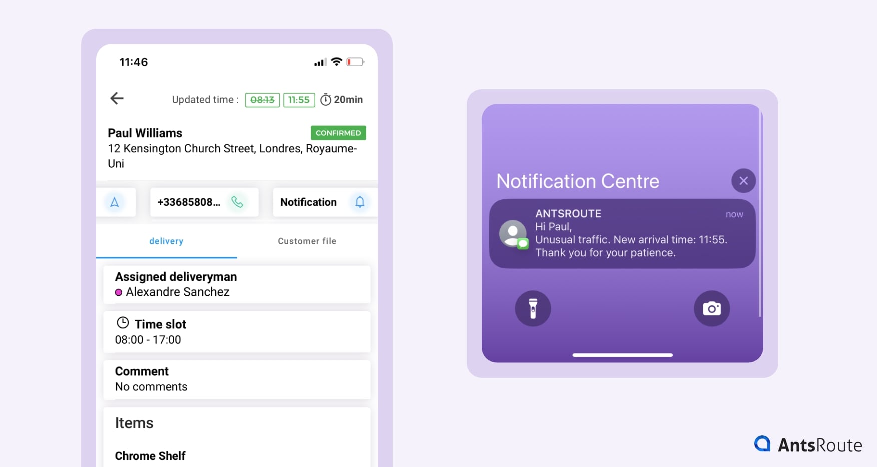 Template for a delivery notification sent via the AntsRoute mobile app by the delivery driver.