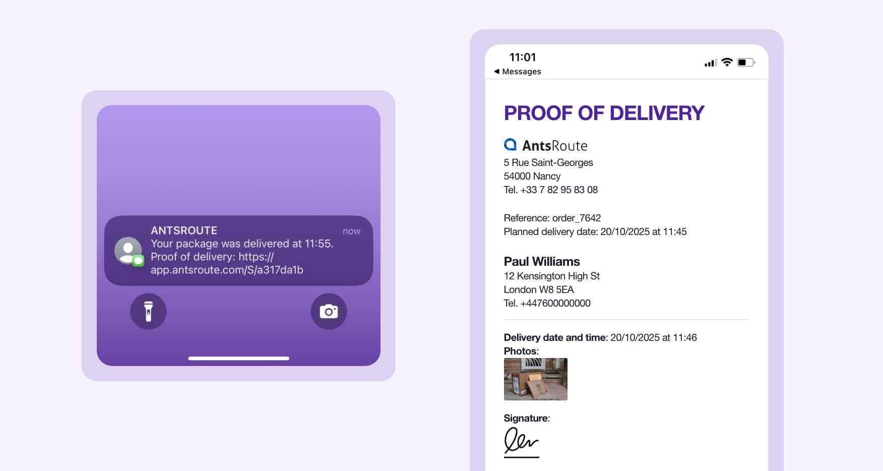 Template for a delivery notification sent via AntsRoute with a link to download proof of delivery.