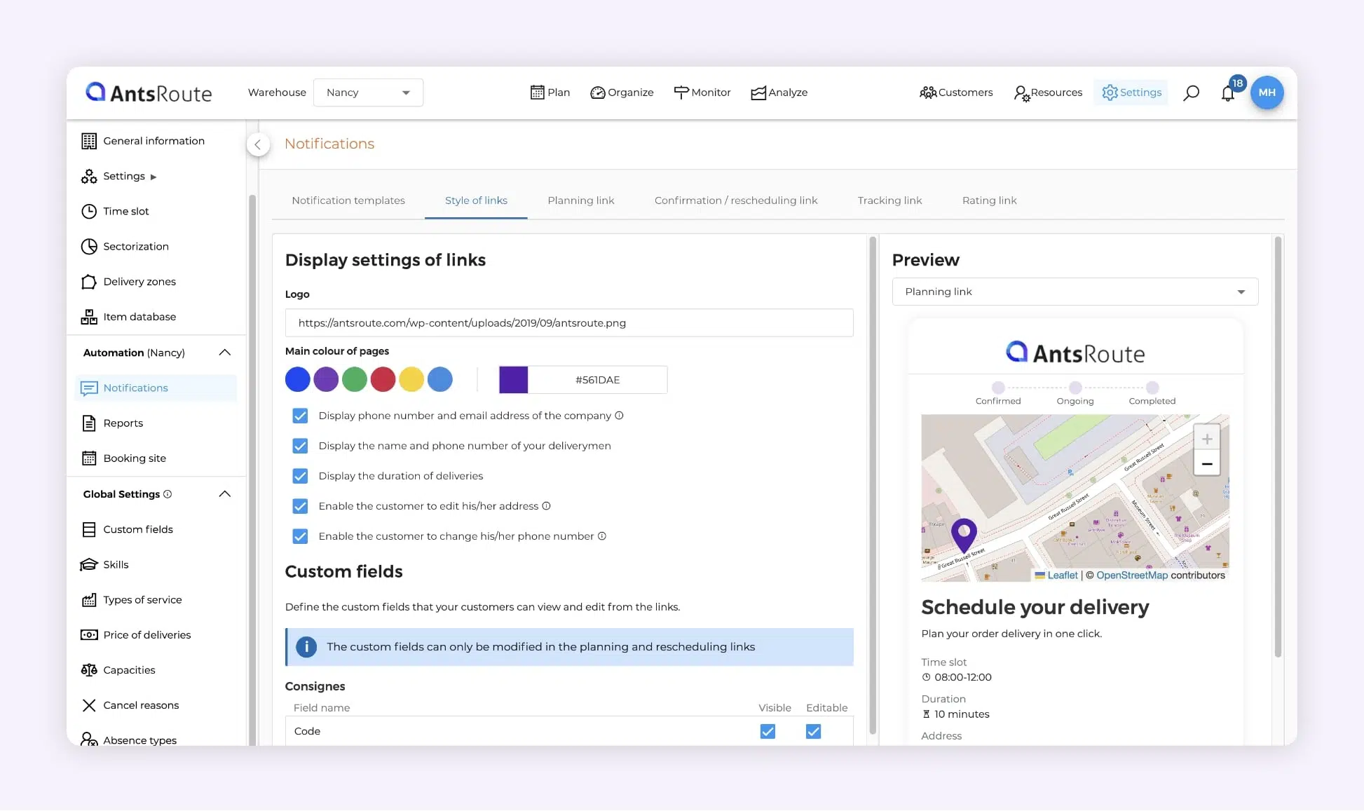 Screenshot of AntsRoute showing the delivery-tracking page editor and the confirmation/rescheduling screen, with settings for logo, colors, messages, and customer fields.