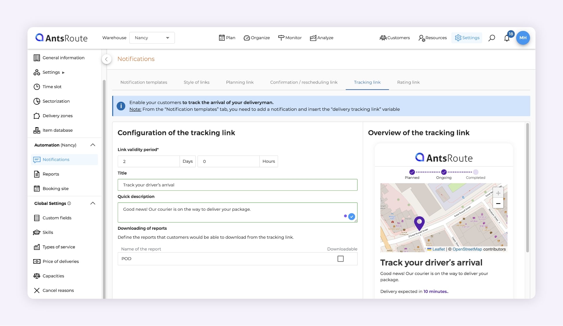 AntsRoute: package-tracking link setup screen — customize the title/description and the link’s validity period.