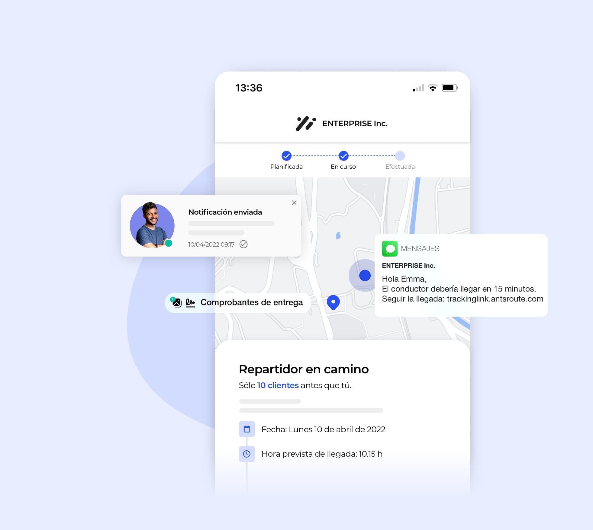 La interfaz AntsRoute permite enviar una notificación con un enlace de geolocalización para el conductor de reparto.