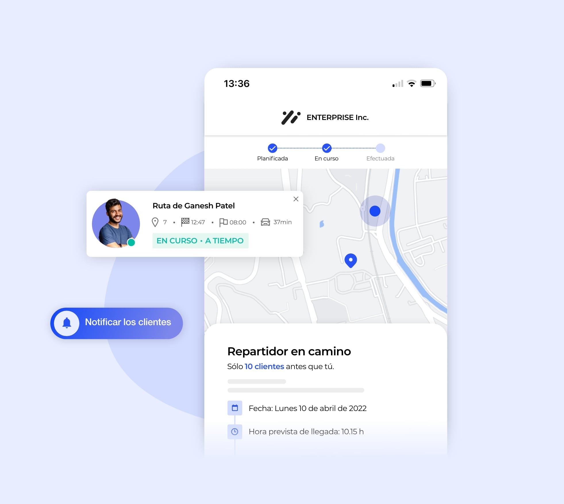 La interfaz AntsRoute muestra la llegada de un conductor de reparto.