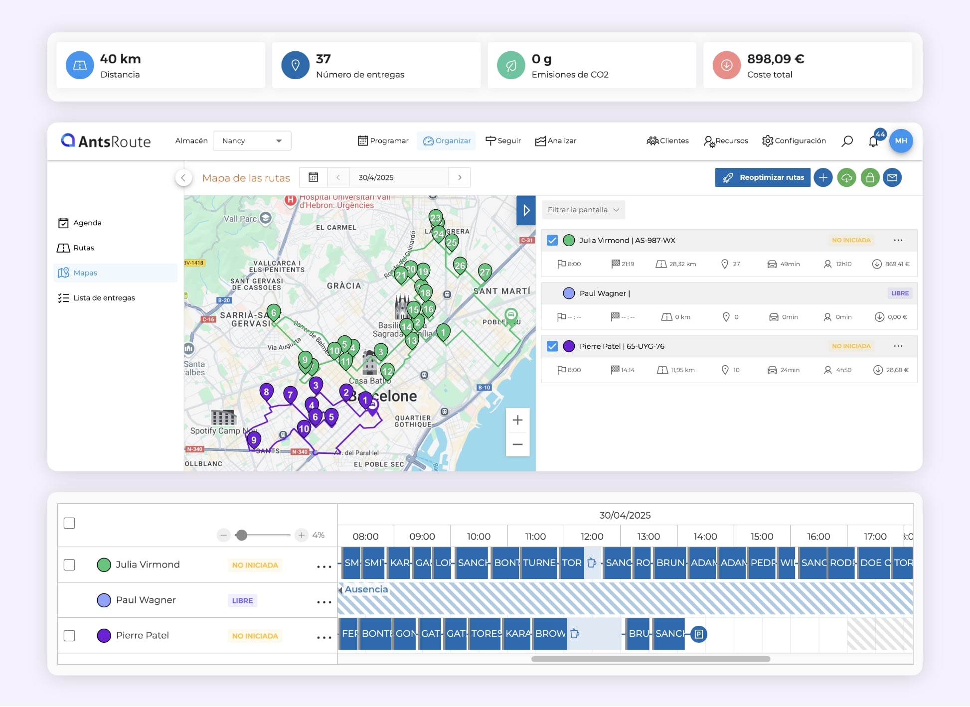 La interfaz de AntsRoute mostrando la optimización de rutas de entrega de última milla.
