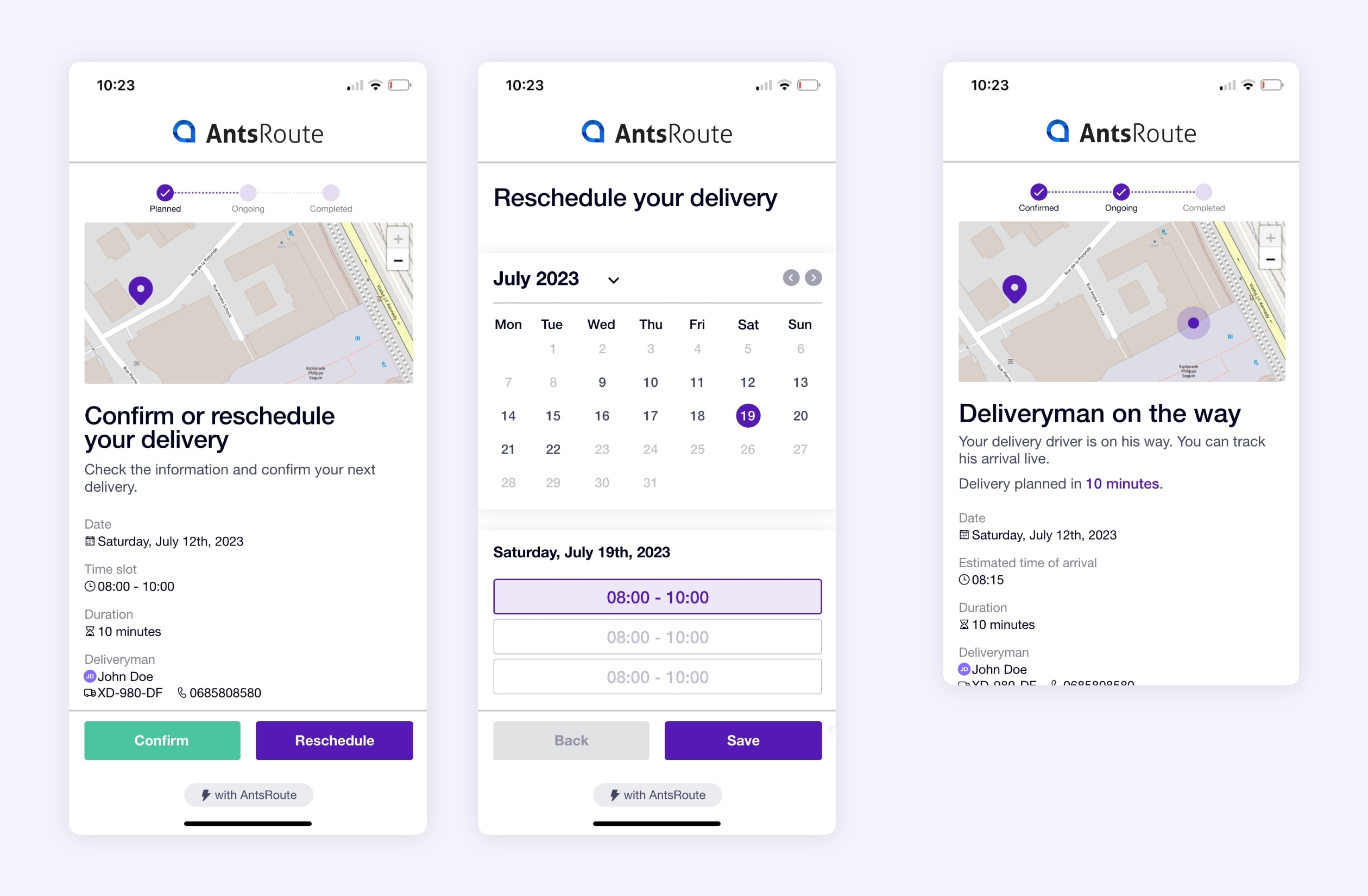 The rescheduling and tracking of a delivery using AntsRoute links.