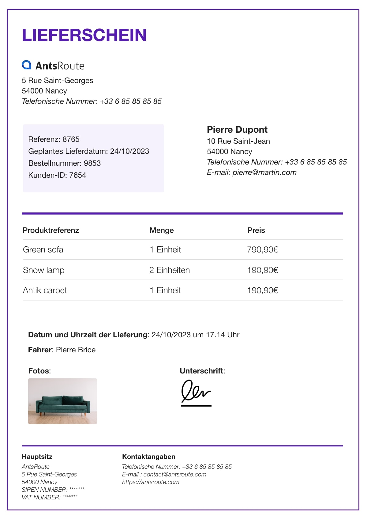 Ein mit AntsRoute erstellter Lieferschein.