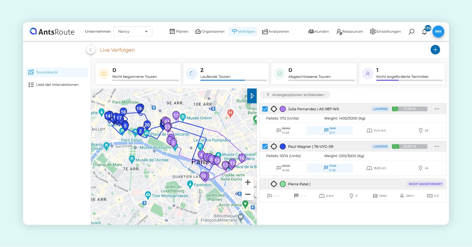 Die AntsRoute-Schnittstelle, die zwei optimierte Einsatztouren zeigt.