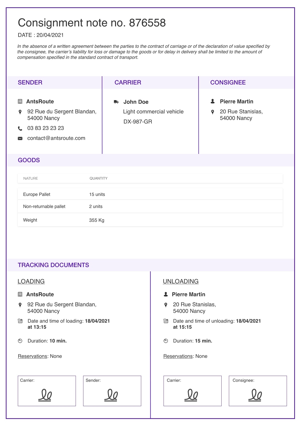 The template of an electronic consignment note generated with AntsRoute.