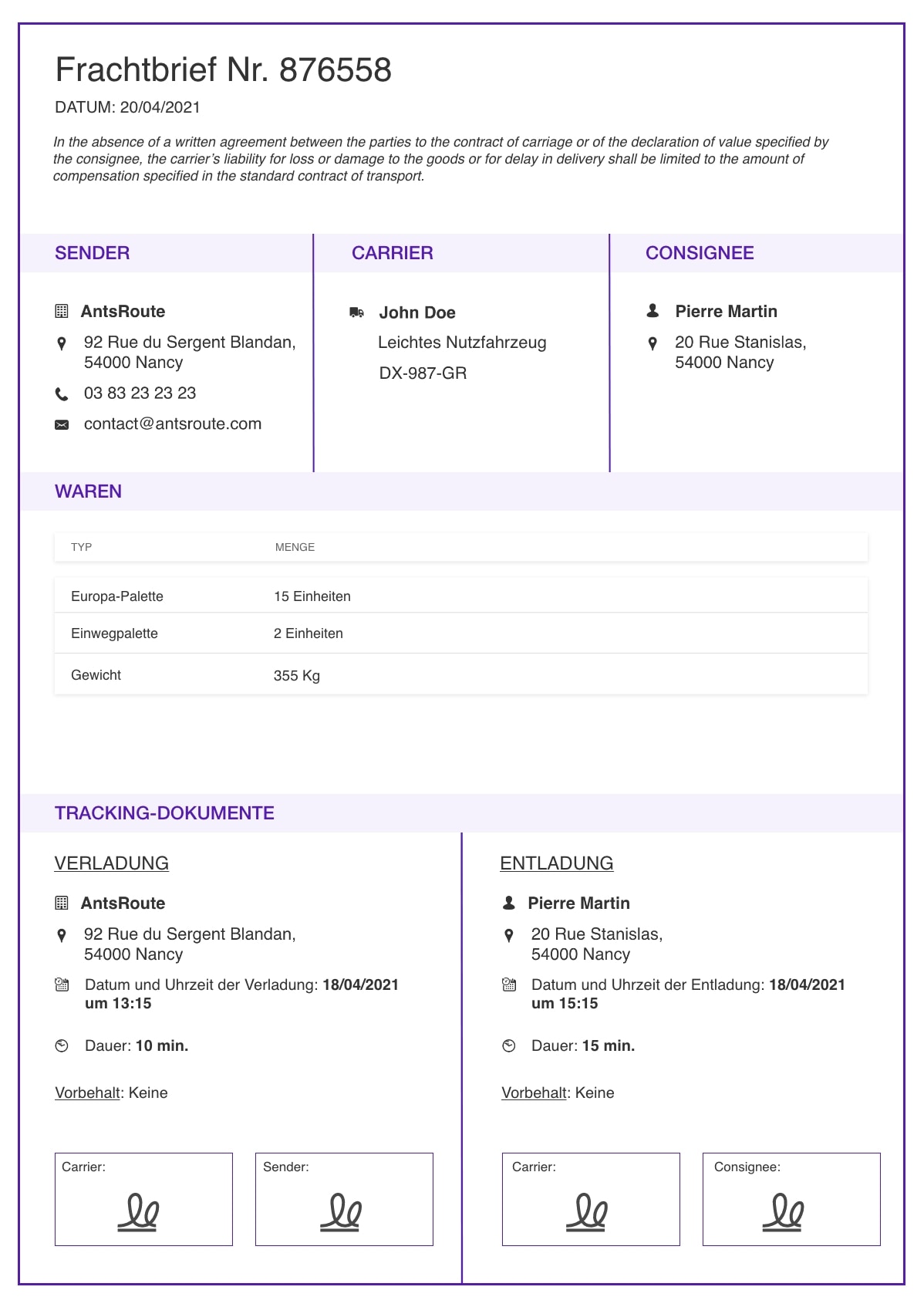 Eine mit AntsRoute erstellte Vorlage für einen Frachtbrief.