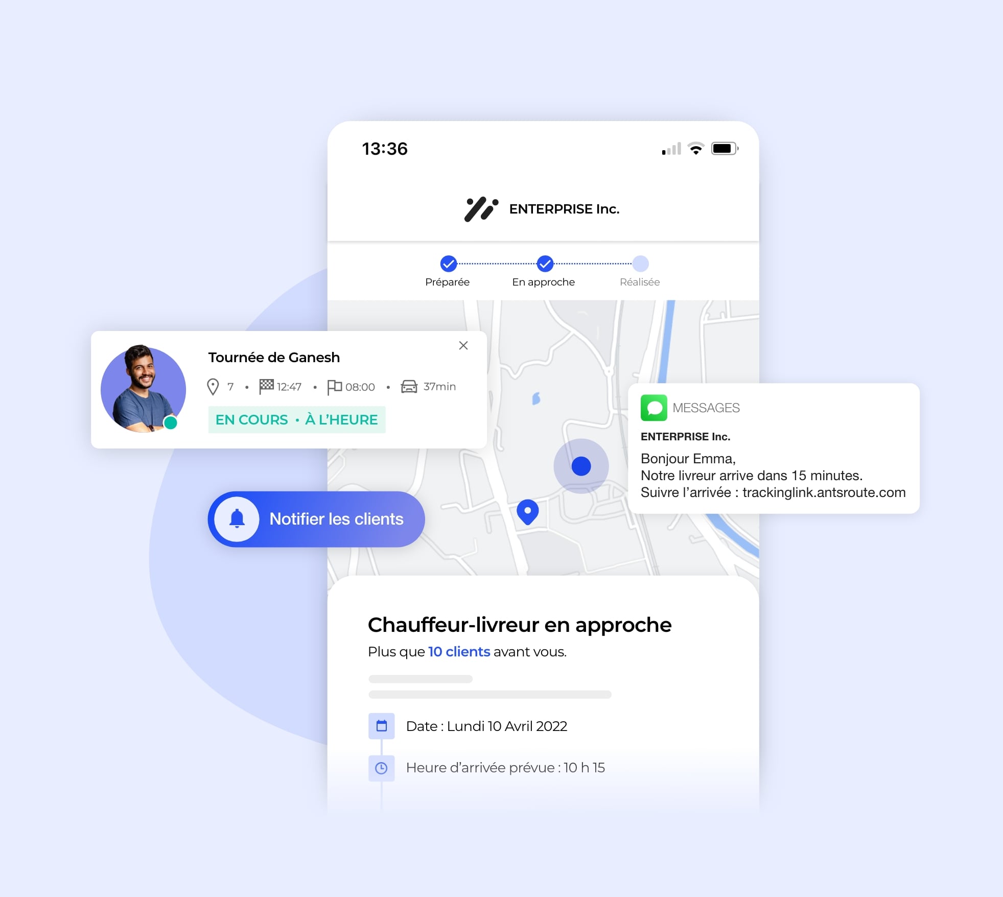 L'interface AntsRoute montrant le suivi de l'arrivée d'un chauffeur-livreur.