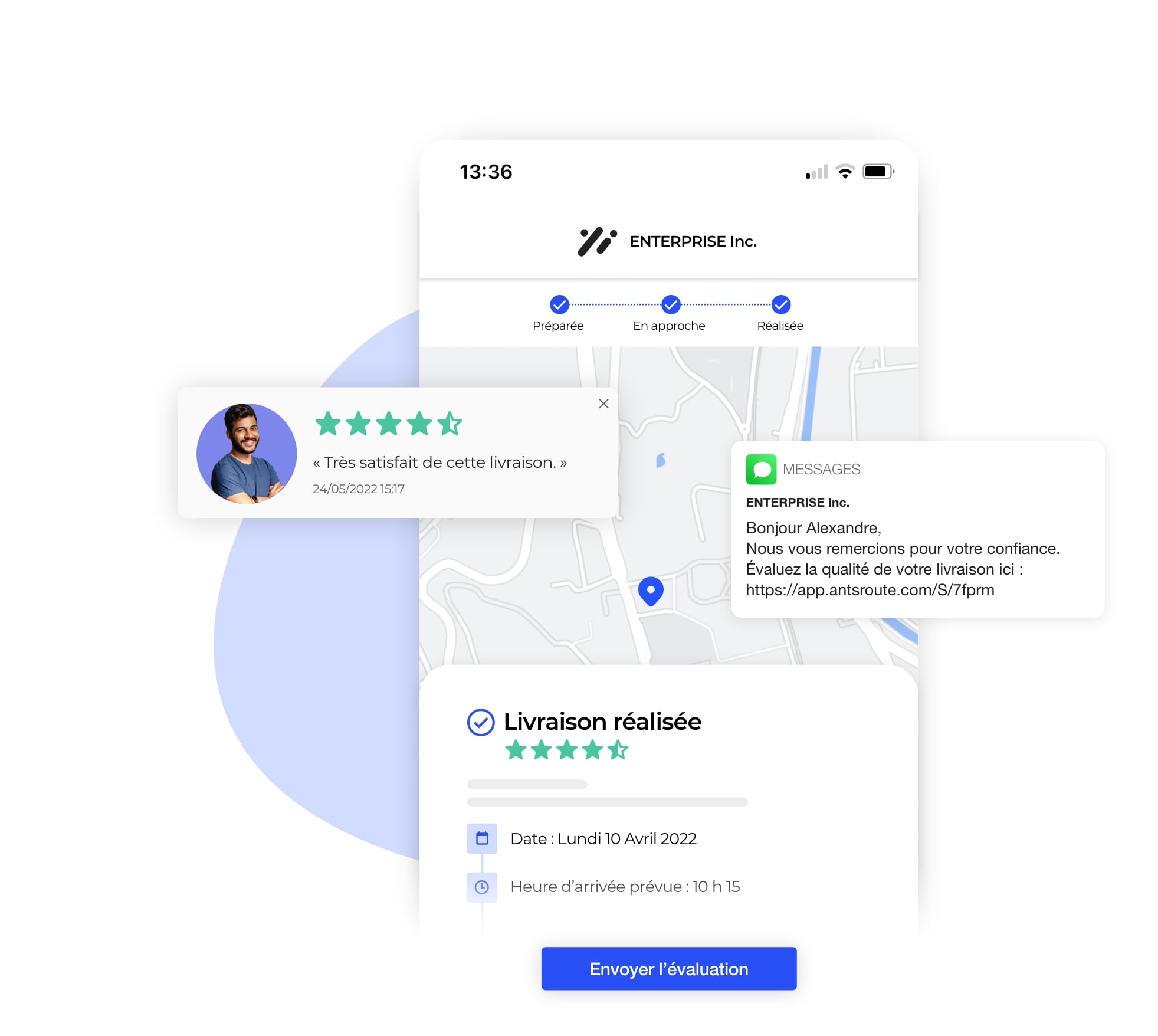 L'interface AntsRoute montrant l'évaluation de la qualité du service de livraison.