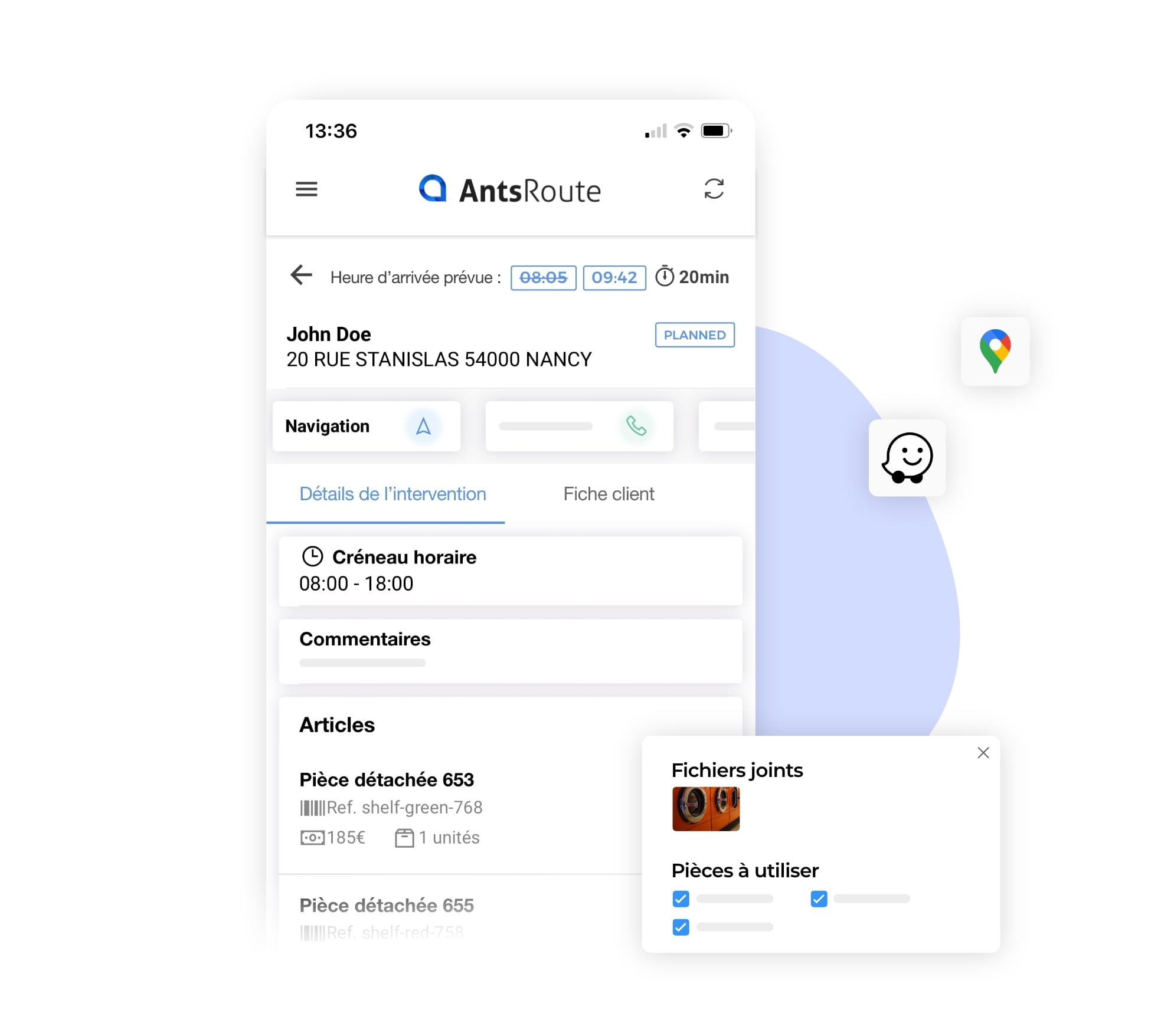 L'application mobile AntsRoute montrant le détail d'une intervention.