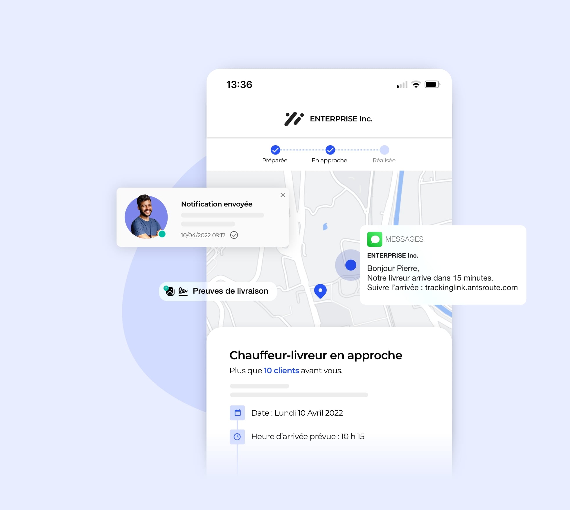 L’interface AntsRoute montrant l’envoi d’une notification pour indiquer l’arrivée du chauffeur-livreur.