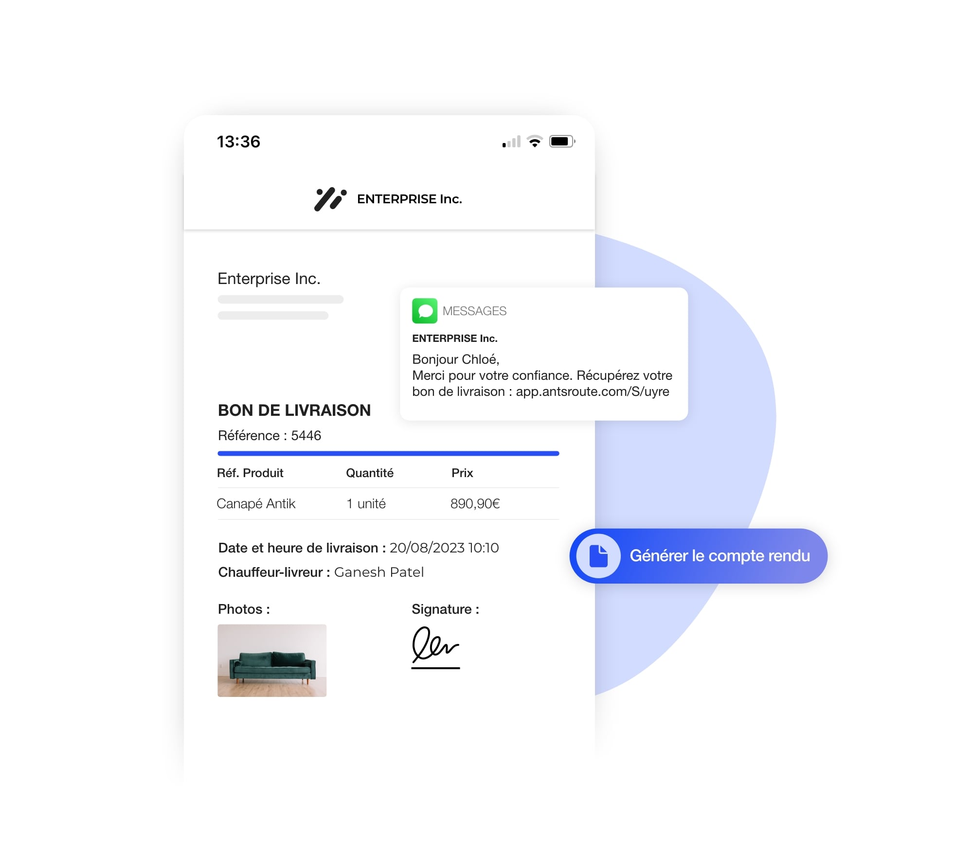 Un bon de livraison généré sur AntsRoute.