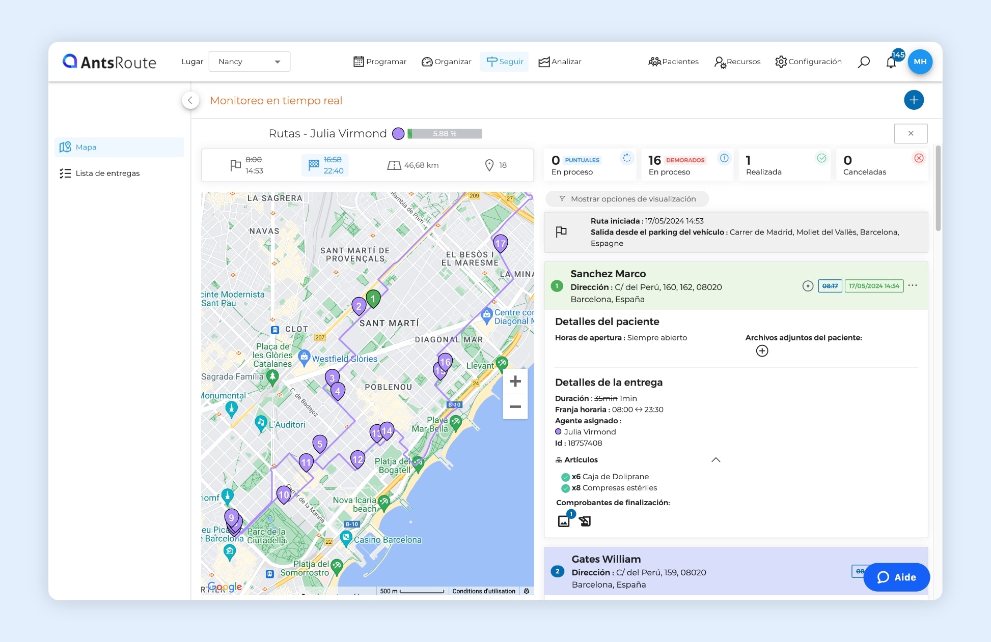 La interfaz AntsRoute muestra el seguimiento de una ruta de entregas de medicamentos.