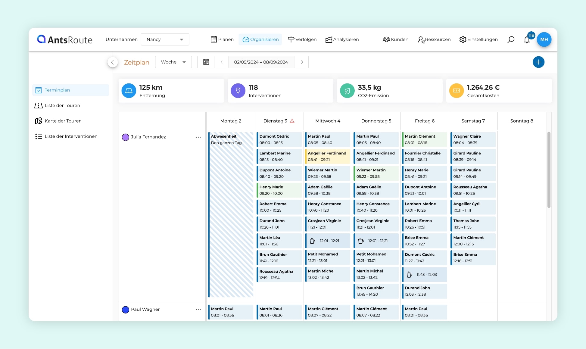 Die Schnittstelle der AntsRoute-Software, die einen wöchentlichen Wartungsplan zeigt.