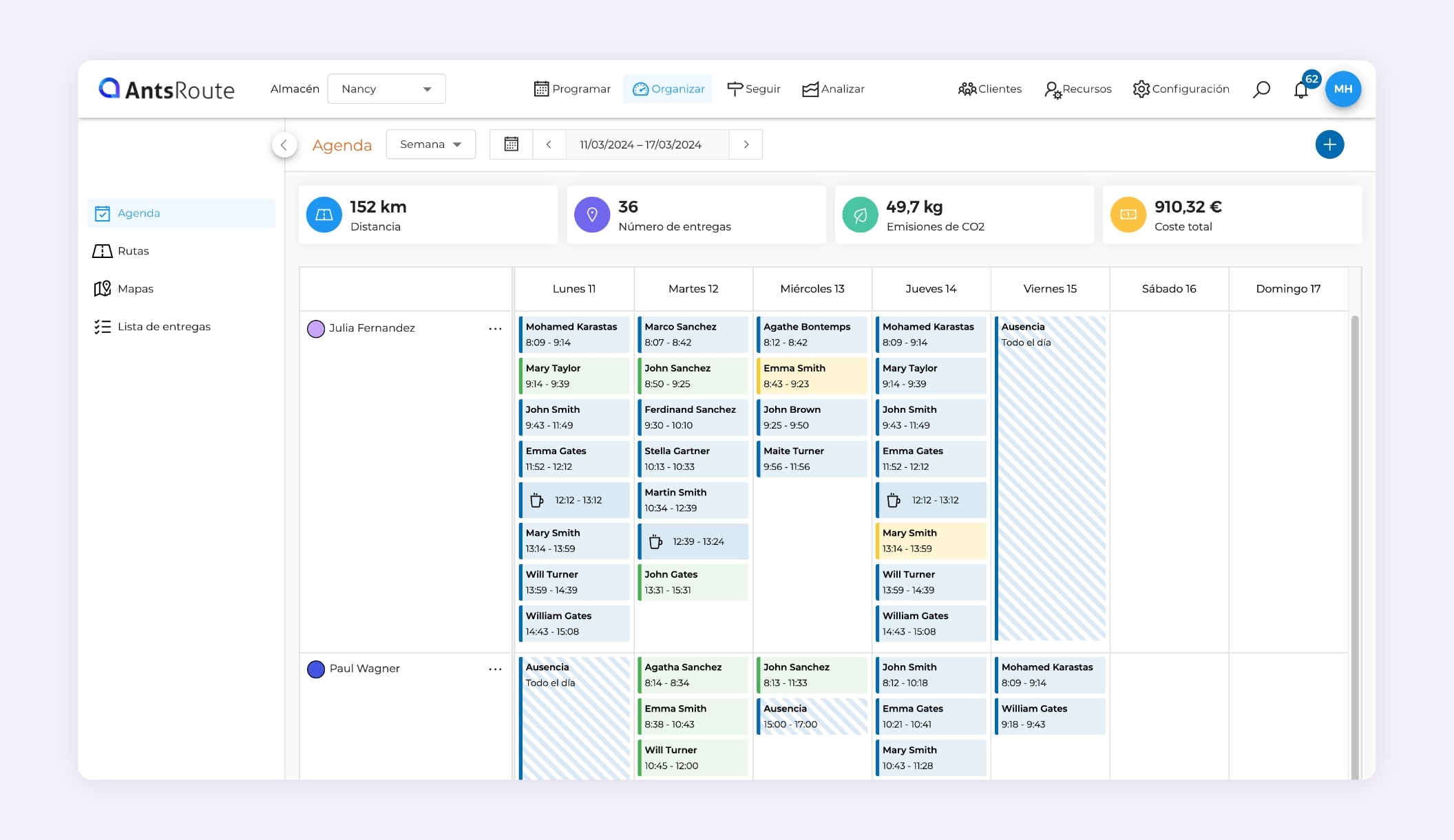 La interfaz del software AntsRoute muestra la planificación semanal de las entregas.