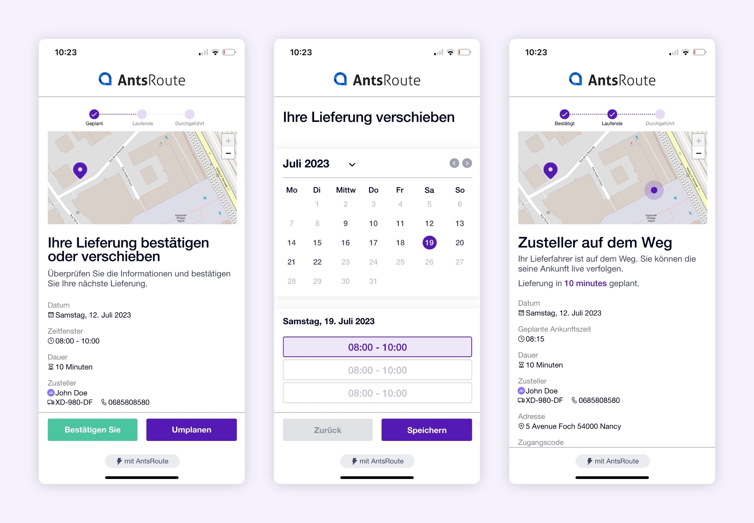 Link zur Umplanung und Link zur Verfolgung eines Lieferfahrers, die mit AntsRoute generiert wurden.