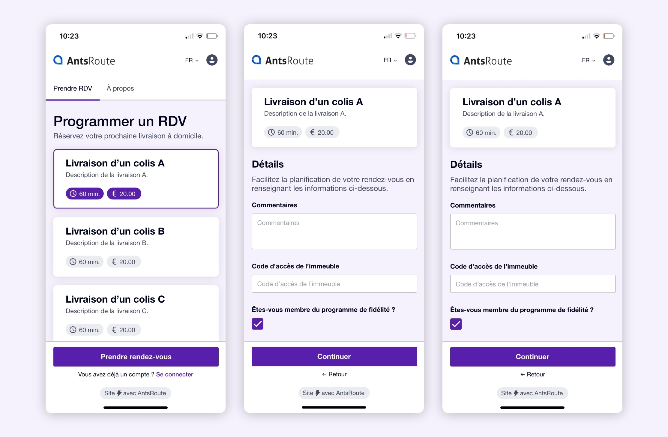 L’interface vientchezvous.com du logiciel AntsRoute montrant la programmation d’une livraison à domicile par un client.