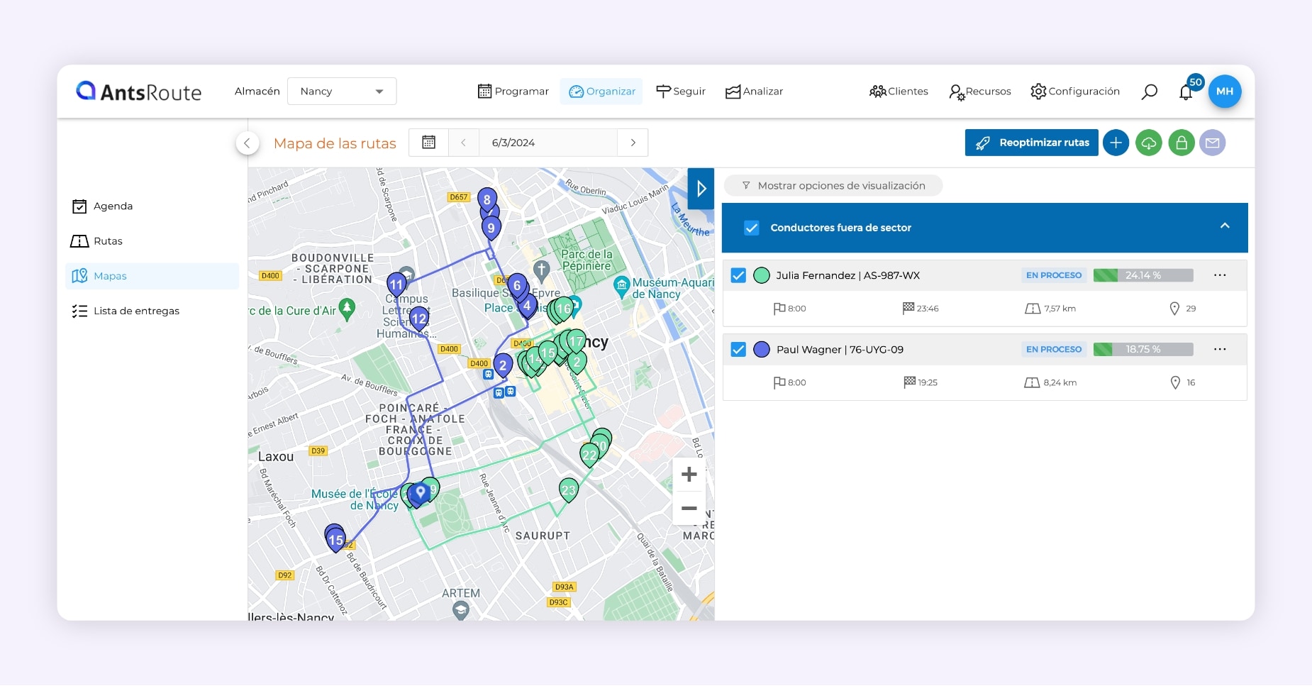 Dos rutas de reparto en curso en el software AntsRoute.