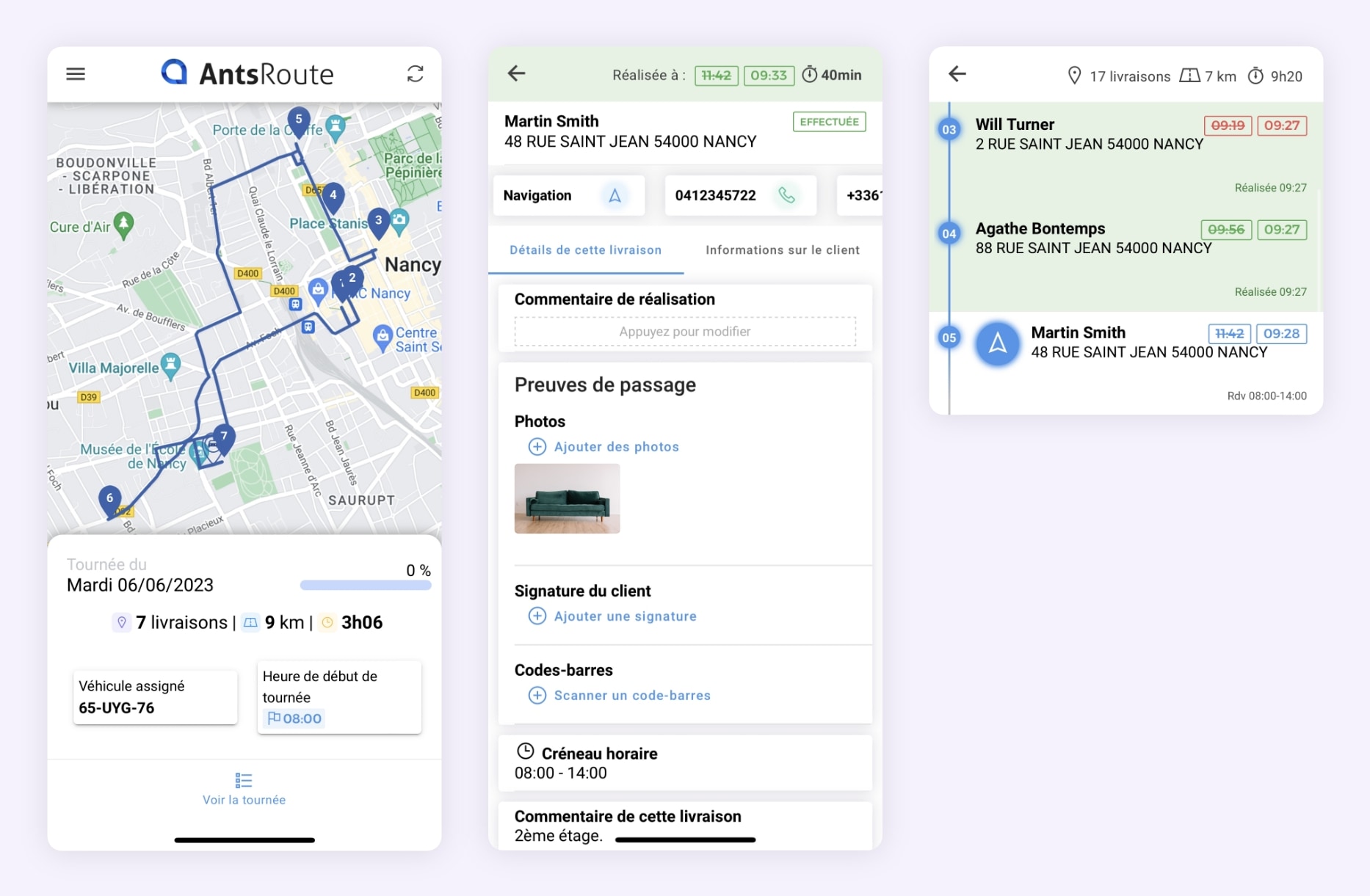 L'application mobile AntsRoute montrant les informations sur des livraisons.