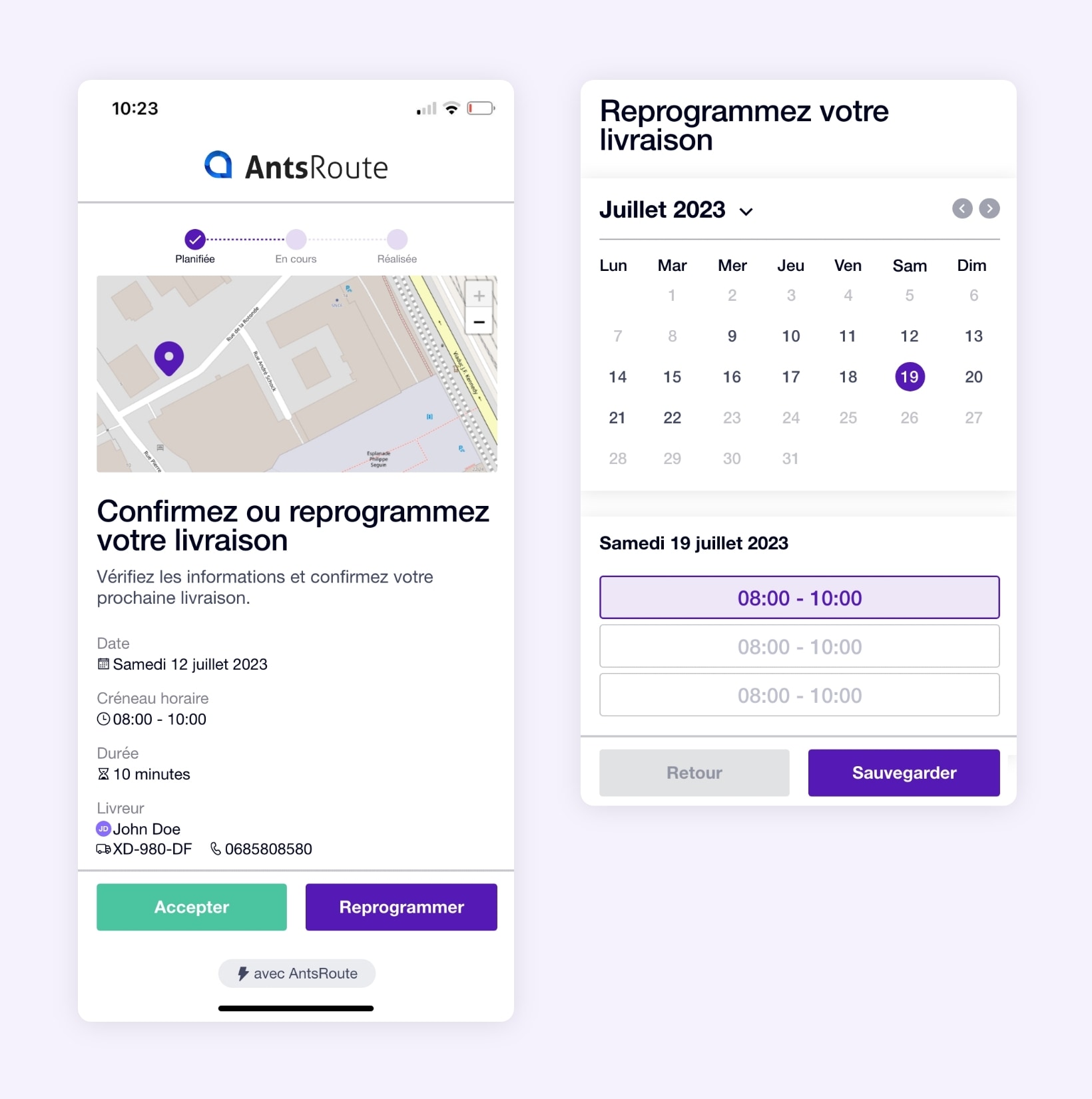 Lien envoyé à un client pour reprogrammer sa livraison avec choix de la date et du créneau horaire.