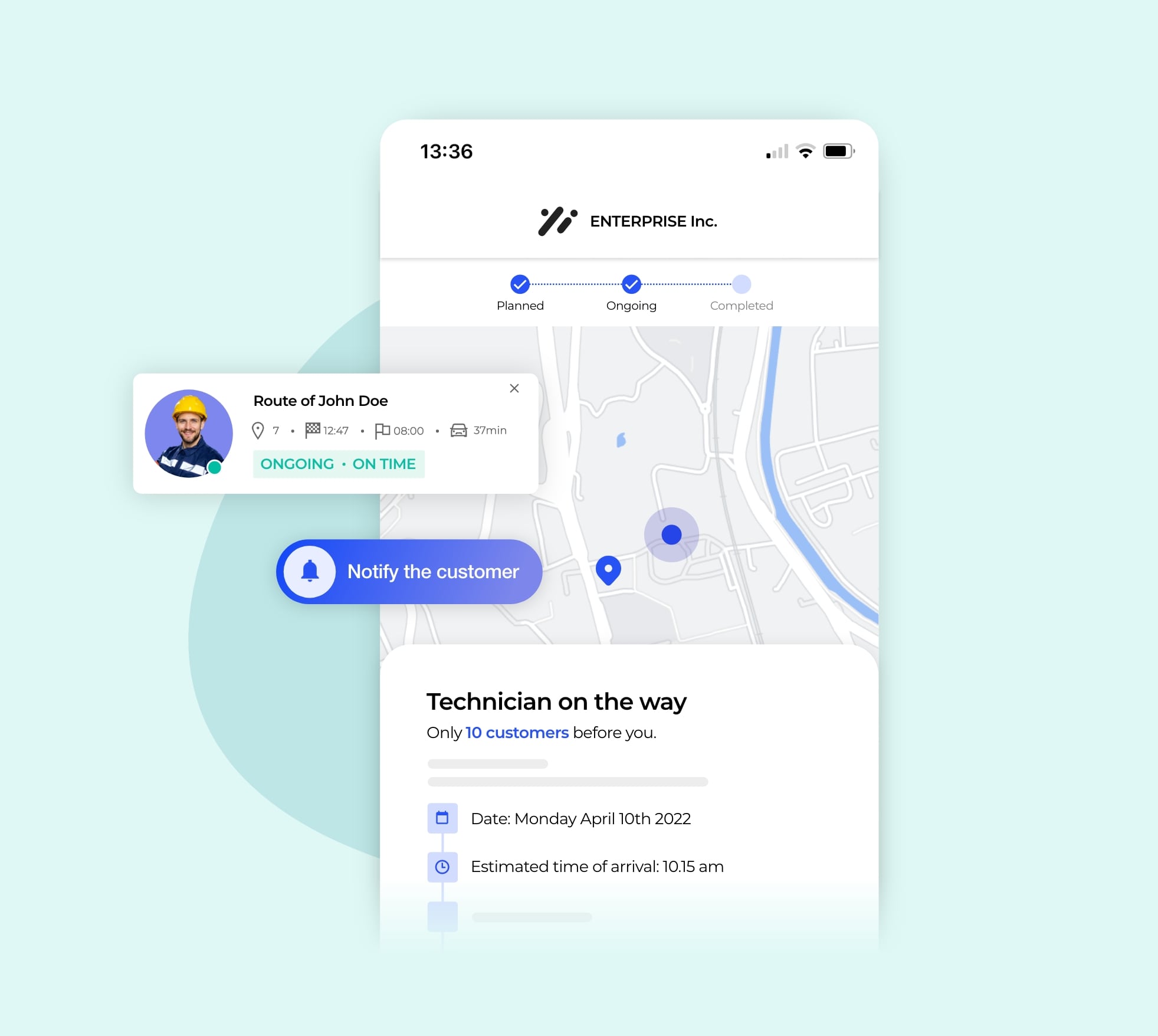 The geolocation of a technician on the way on a map.