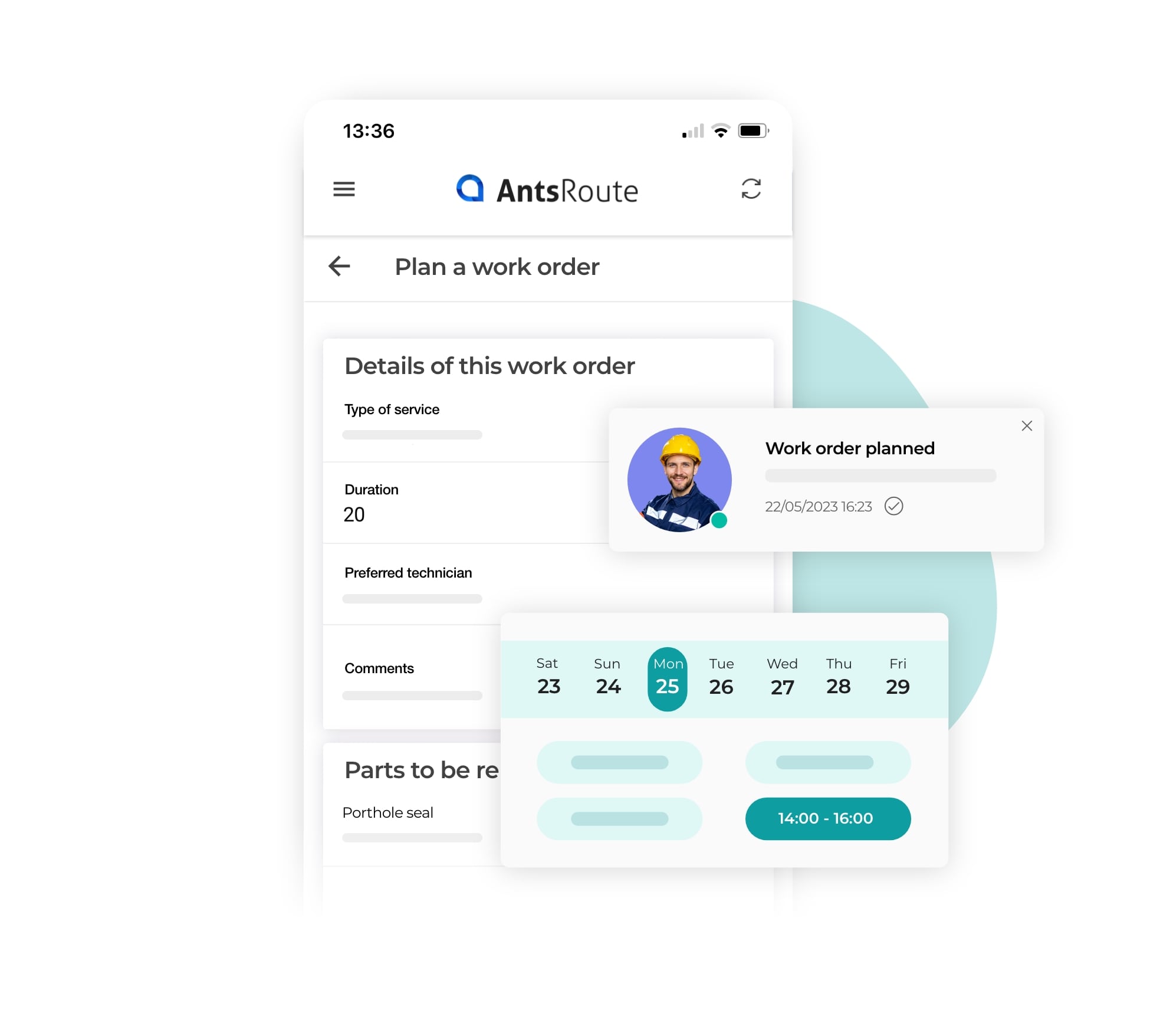 Planning a work order from the AntsRoute mobile application.