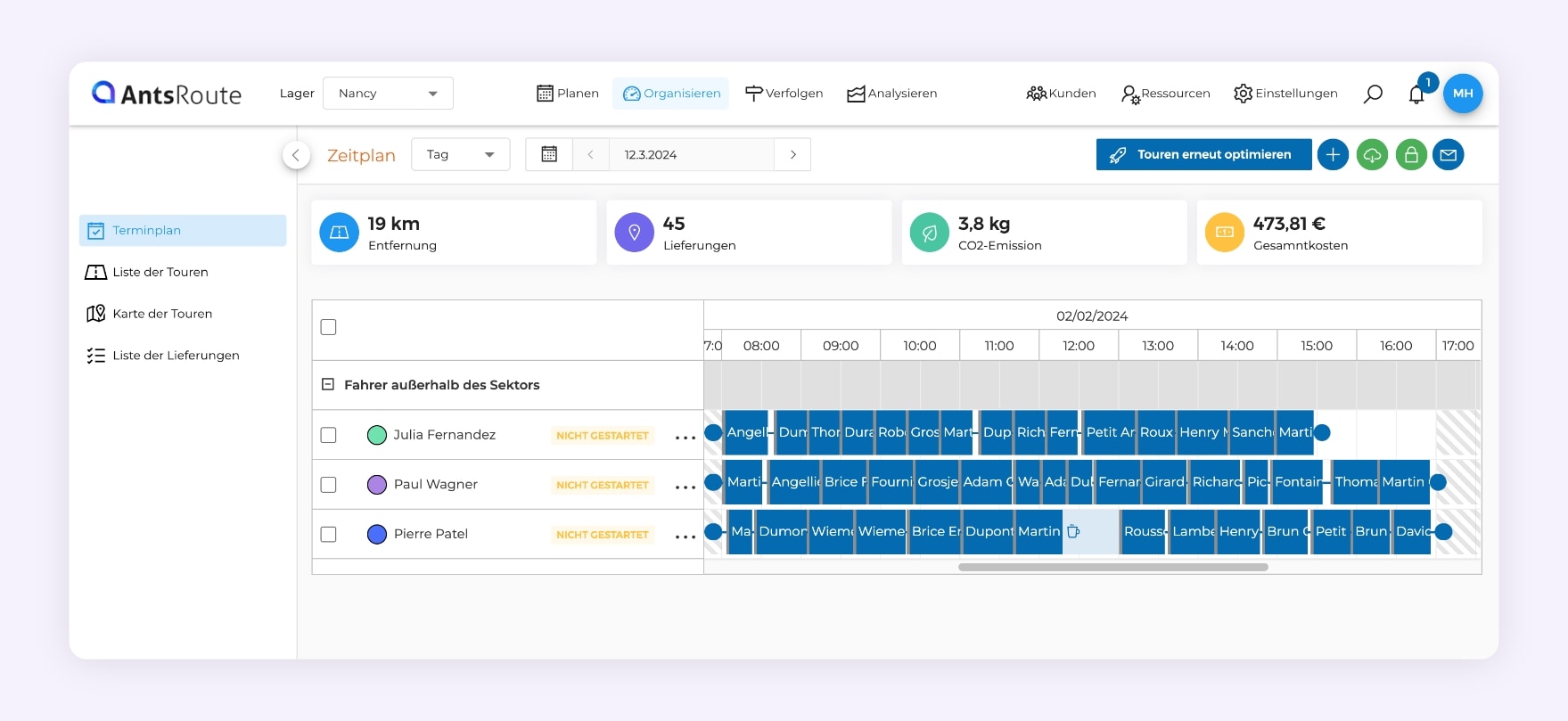 Die AntsRoute-Schnittstelle zeigt drei optimierte Lieferpläne an.