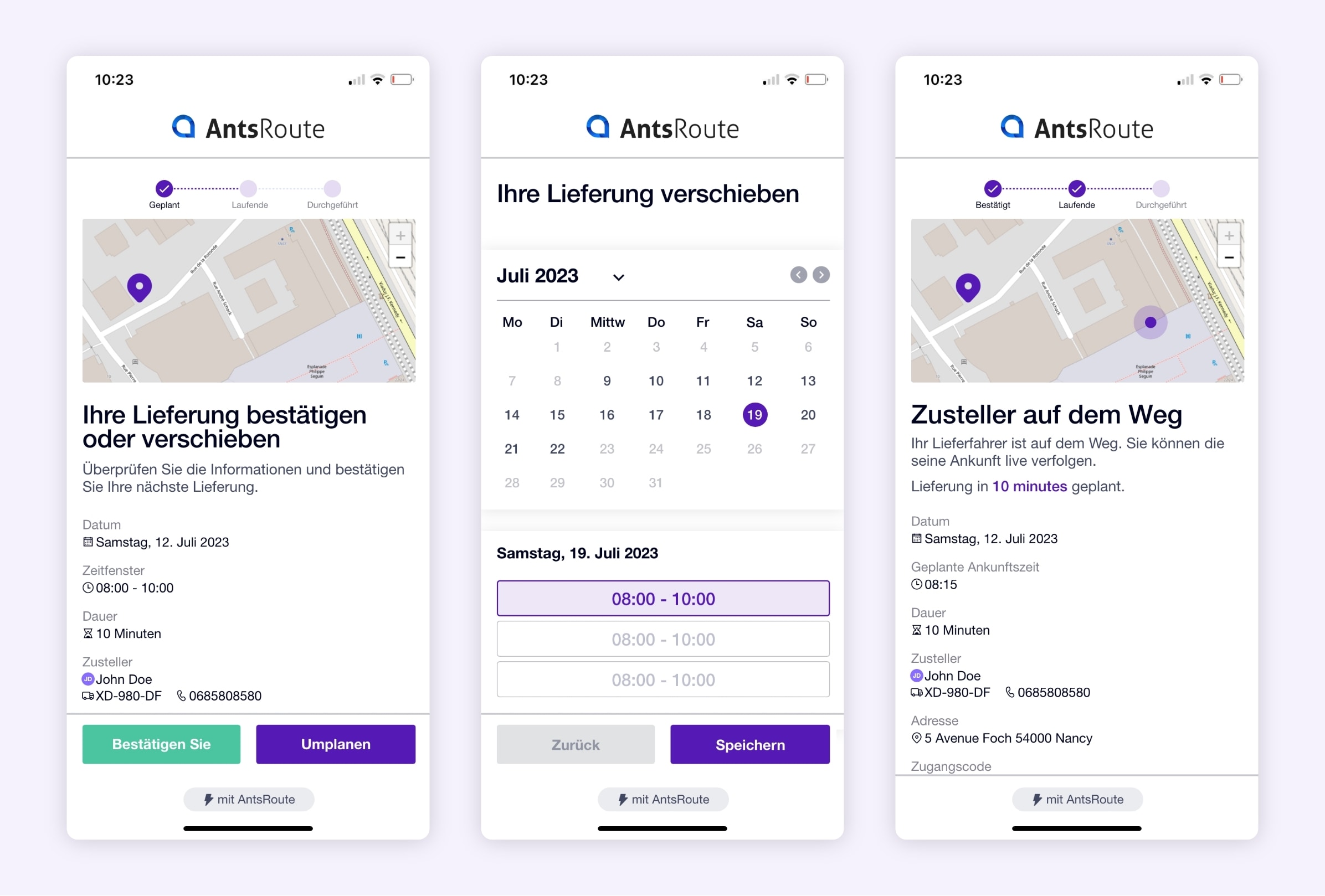 Über AntsRoute gesendete SMS mit einem Link zum Umprogrammieren einer Lieferung.