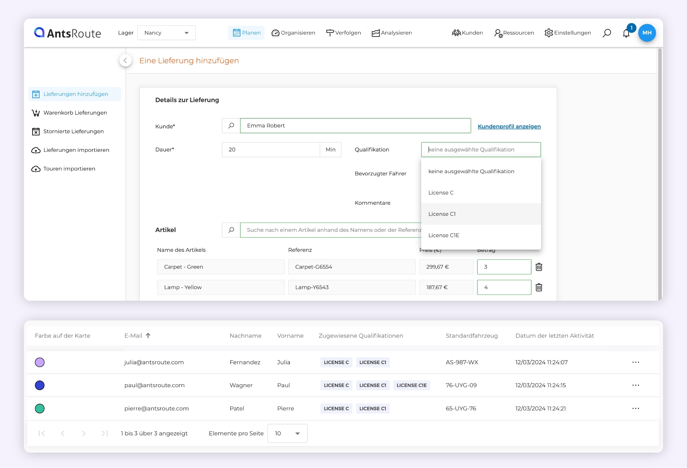 Die Auswahl einer Kompetenz bei der Planung einer Lieferung in AntsRoute.