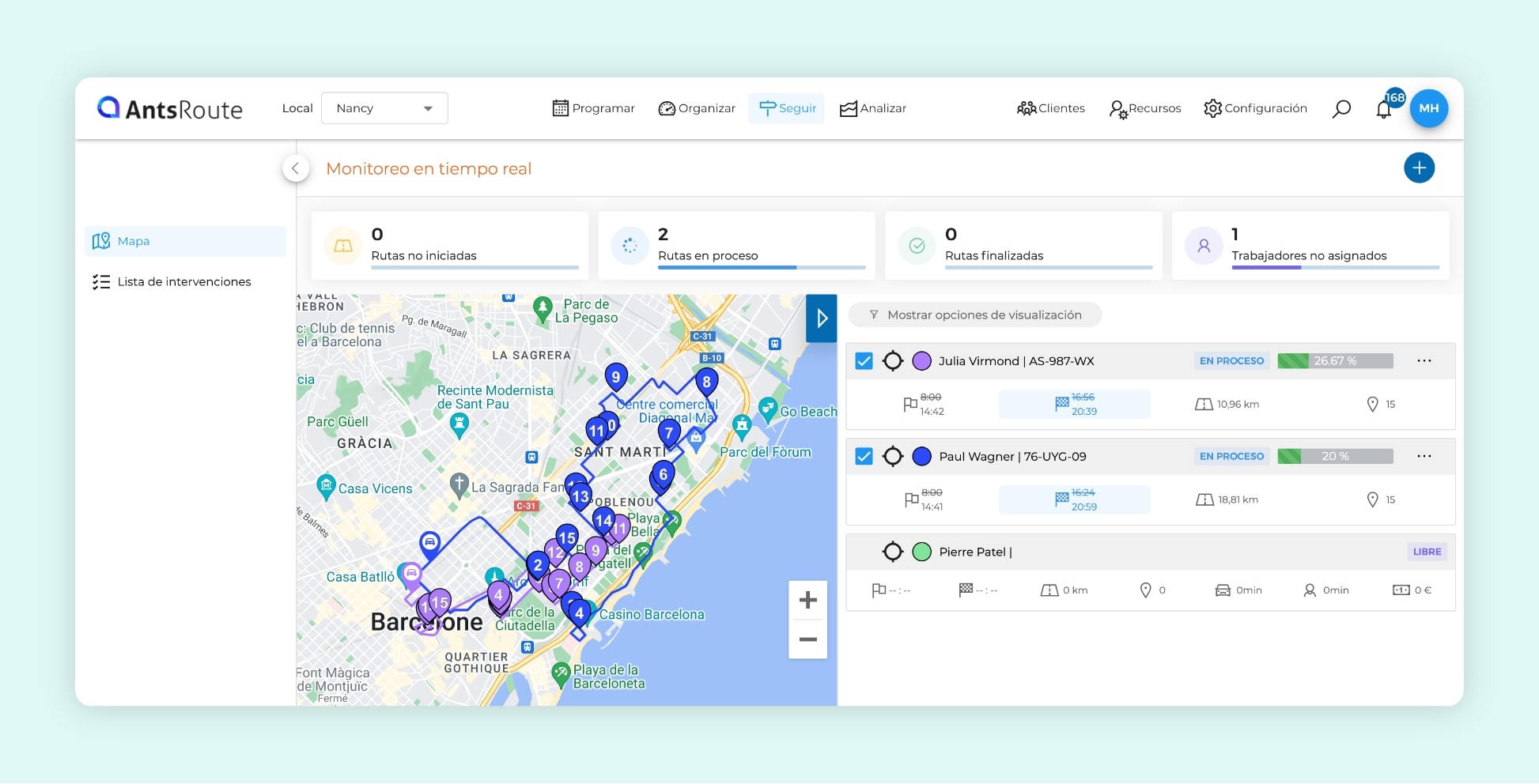 La interfaz del software AntsRoute muestra dos rutas optimizadas en un mapa.