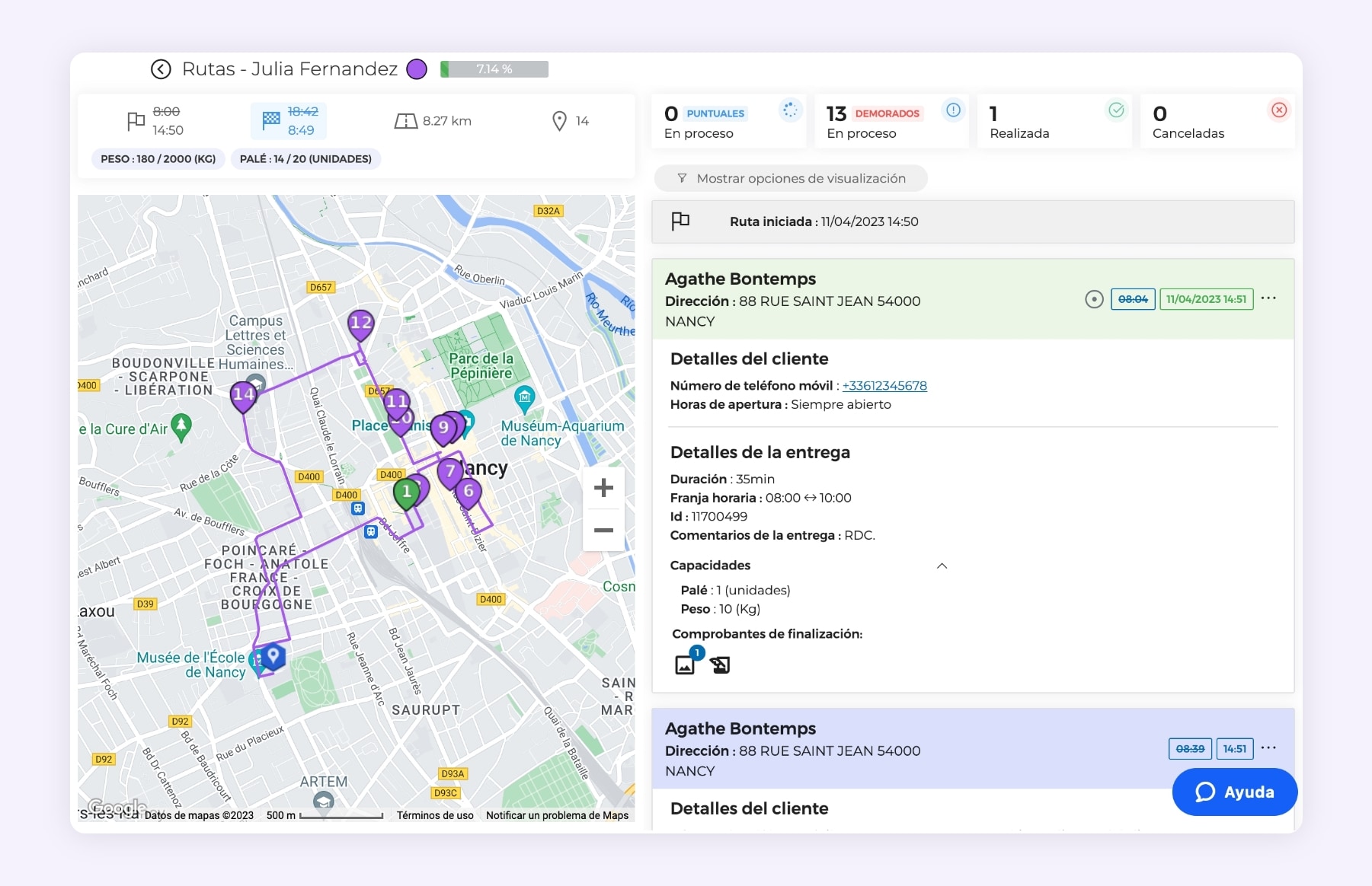 La interfaz del software AntsRoute muestra el seguimiento en directo de un conductor de reparto.