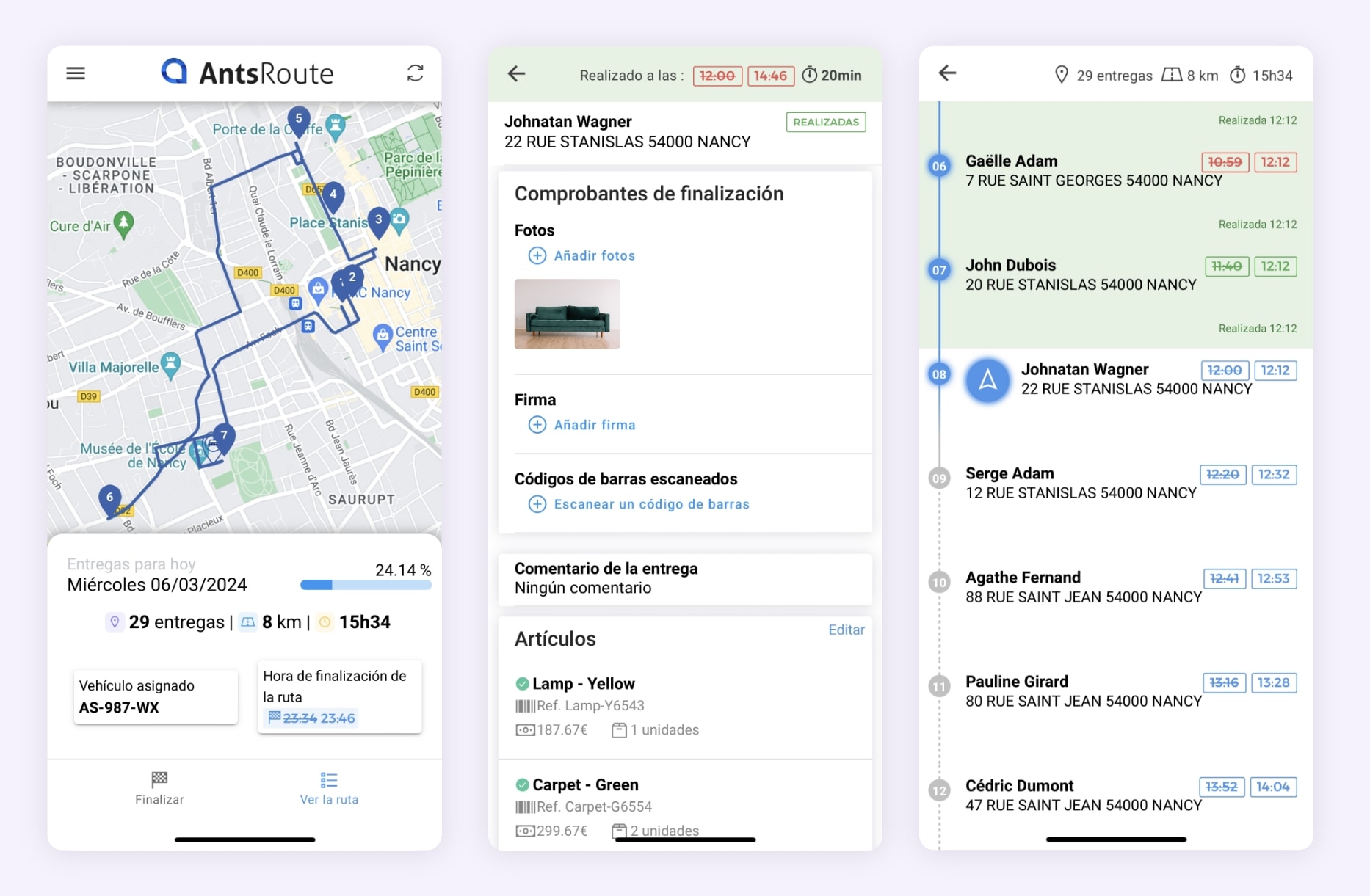 La interfaz de la aplicación móvil AntsRoute mostrando la validación de una entrega con comprobante de entrega.