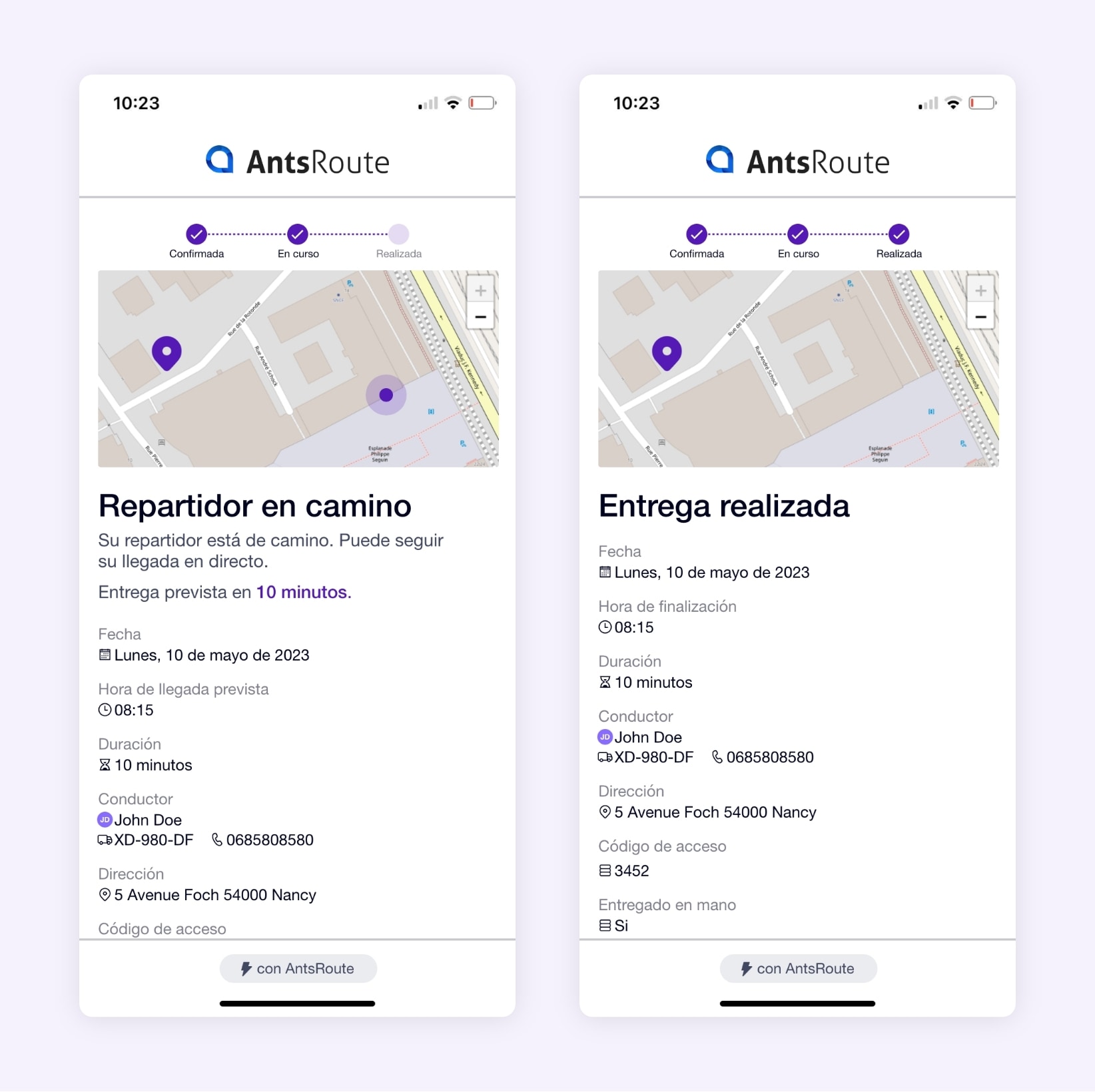 La interfaz del sistema de enlace AntsRoute muestra el seguimiento en directo de un conductor de reparto.