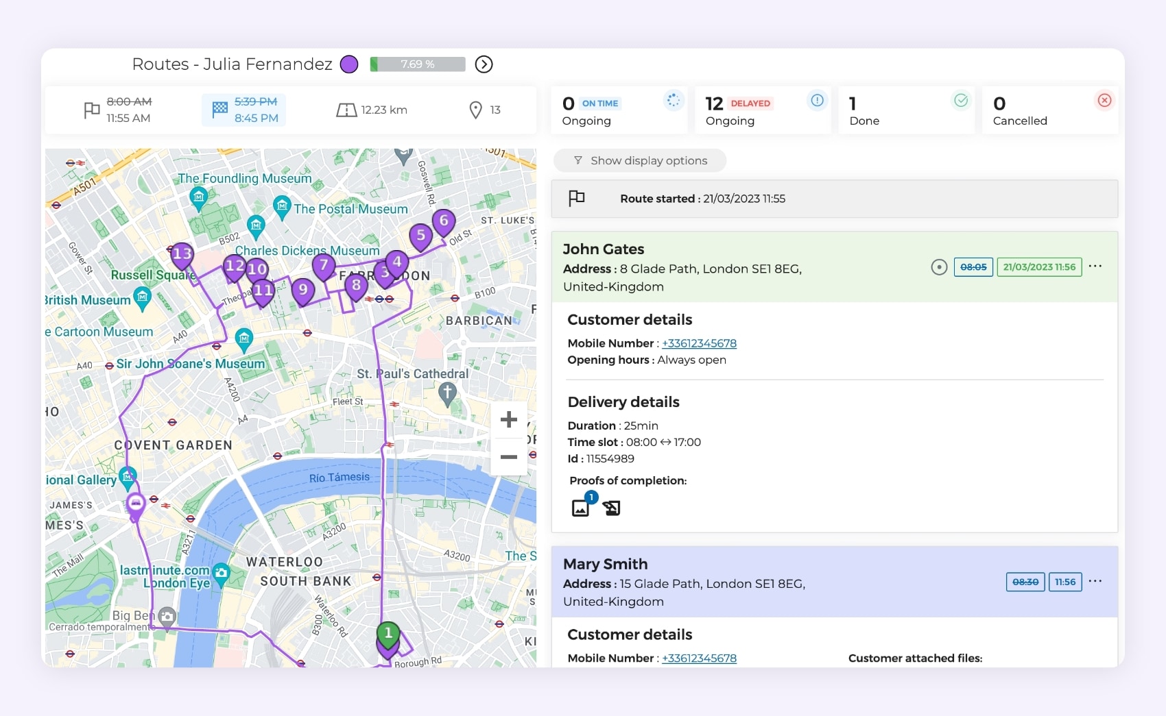 AntsRoute interface showing the live tracking of a delivery route.