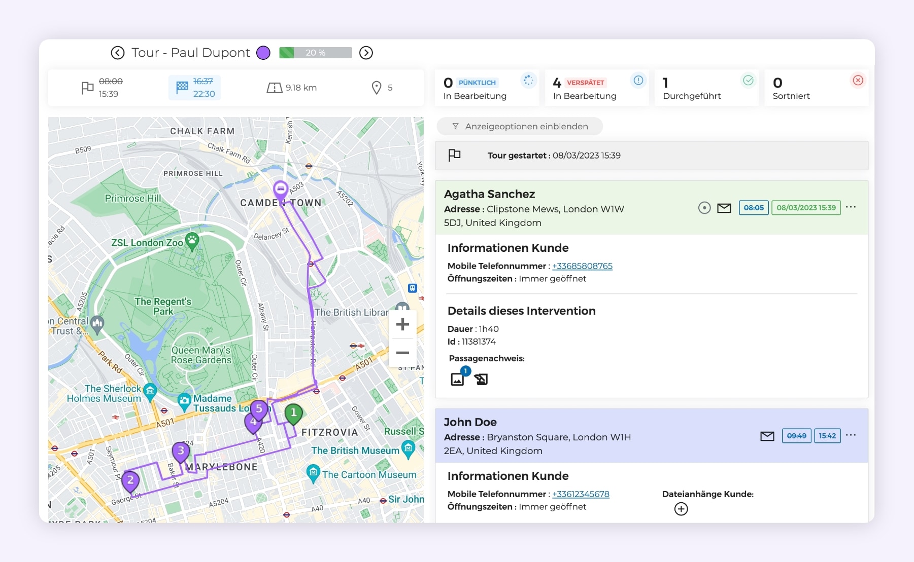 Die AntsRoute-Schnittstelle, die die Live-Verfolgung einer Lieferroute zeigt.