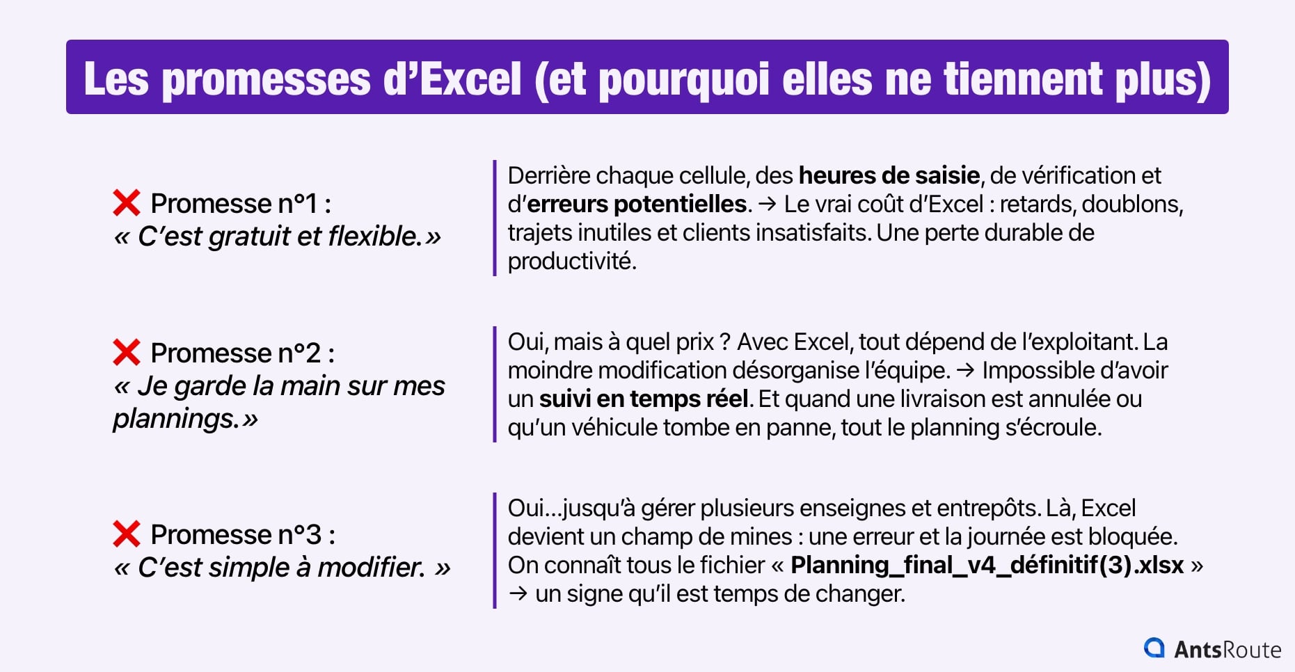 Schéma présentant les promesses d'Excel et pourquoi elles ne tiennent plus dans le secteur du transport.