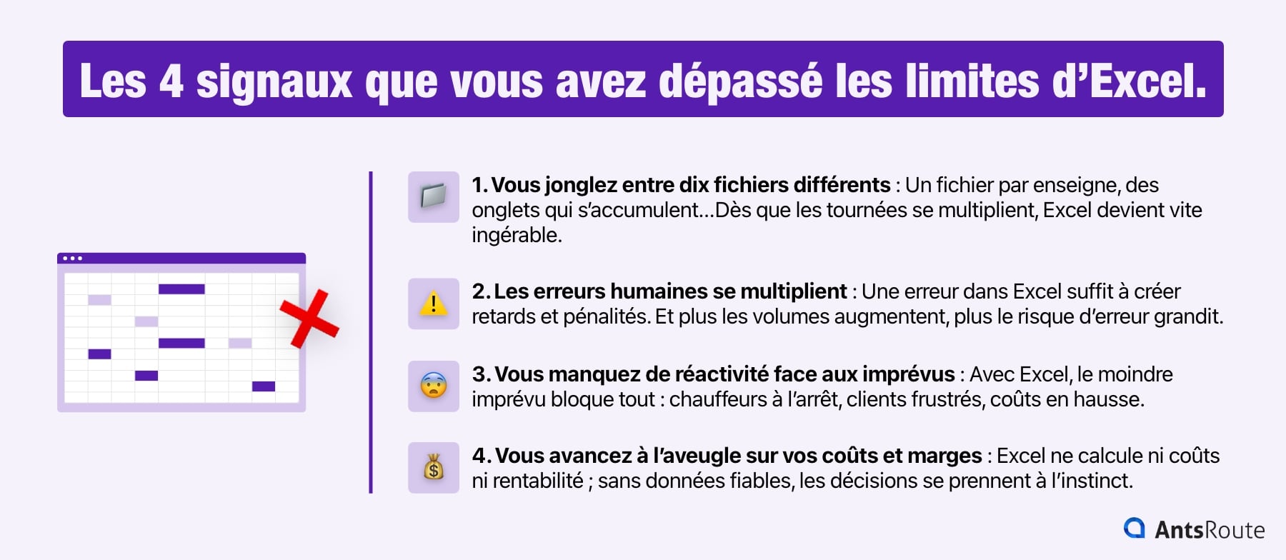 Schéma présentant les 4 signes que les limites d’Excel pour planifier des tournées ont été dépassées.